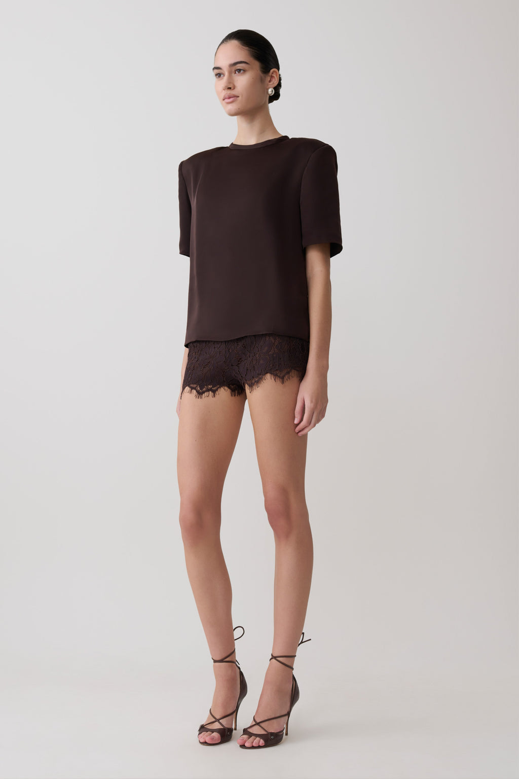 Harlyn Shoulder Pad Short Sleeve Satin Top - Dark Chocolate