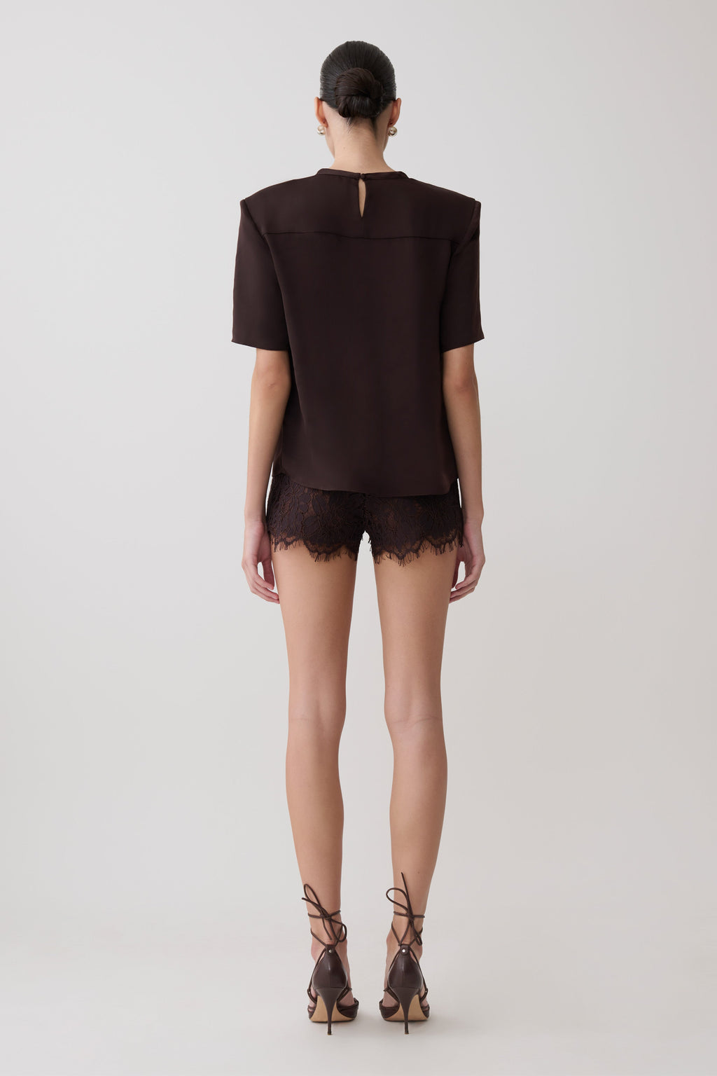 Harlyn Shoulder Pad Short Sleeve Satin Top - Dark Chocolate