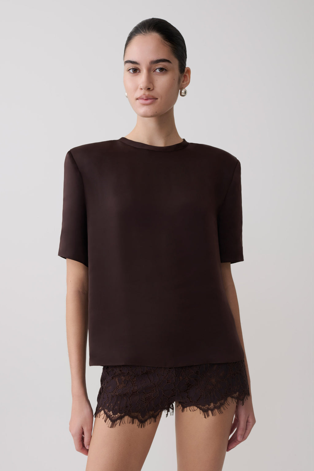 Harlyn Shoulder Pad Short Sleeve Satin Top - Dark Chocolate