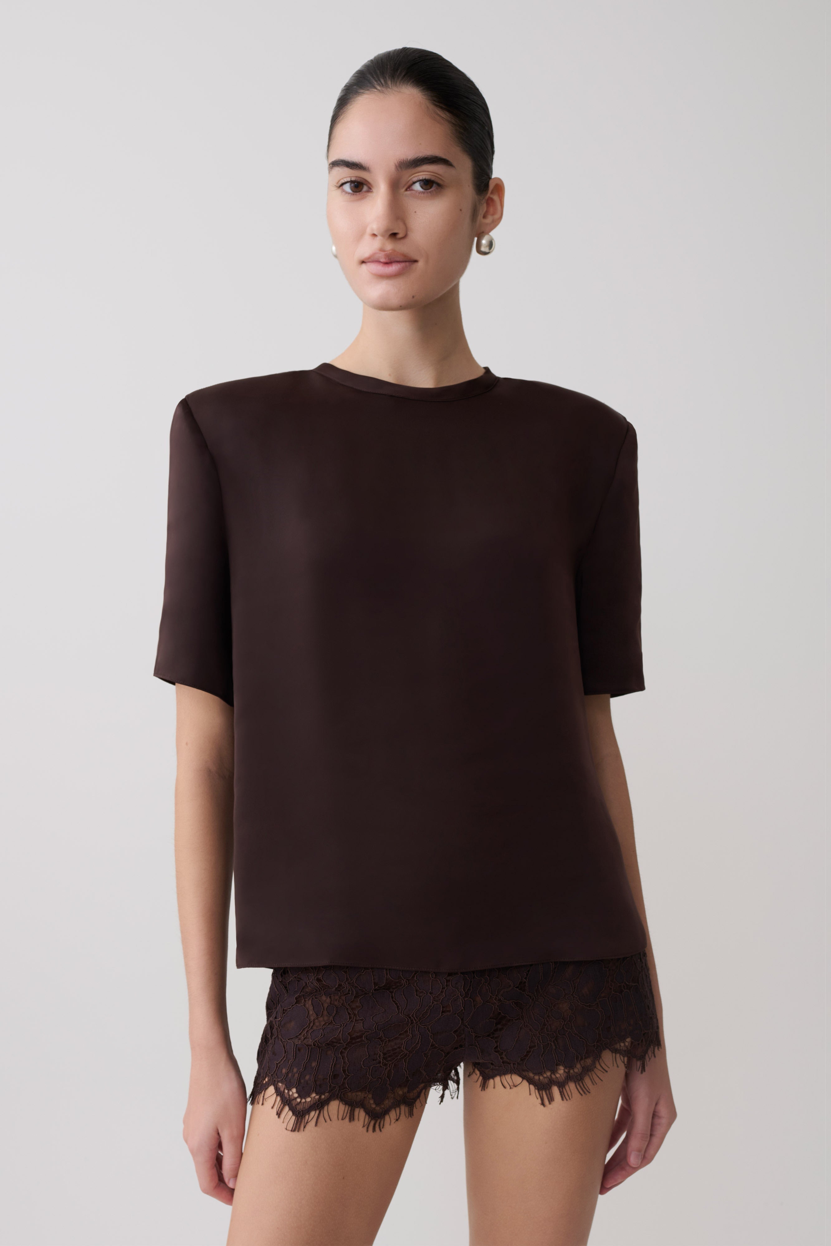 Harlyn Shoulder Pad Short Sleeve Satin Top - Dark Chocolate