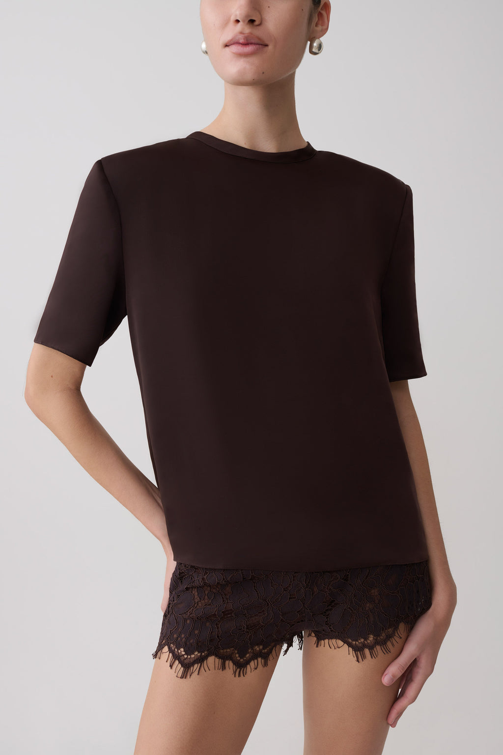 Harlyn Shoulder Pad Short Sleeve Satin Top - Dark Chocolate