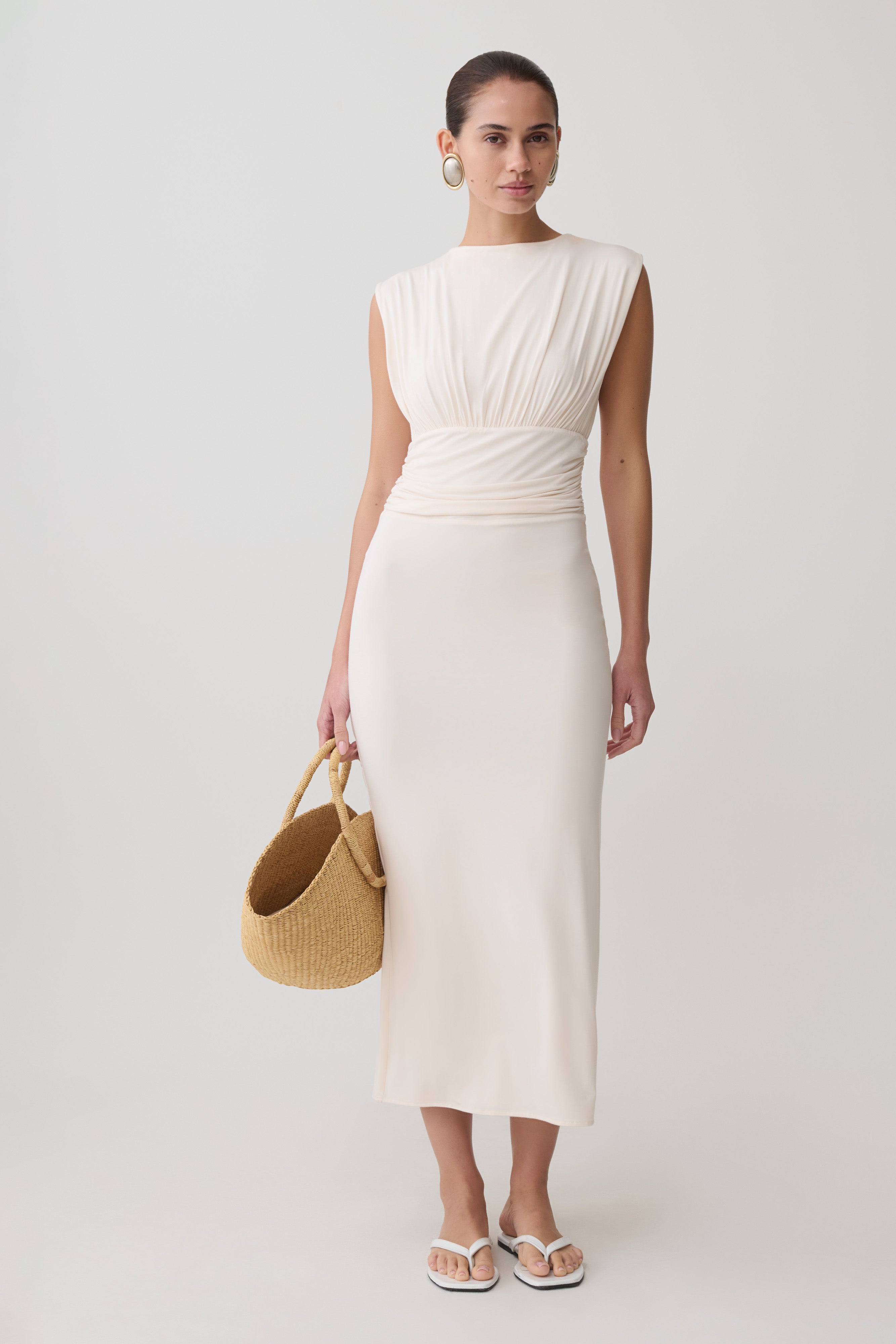 Kura Ruched Modal Sleeveless Midi Dress - Ivory