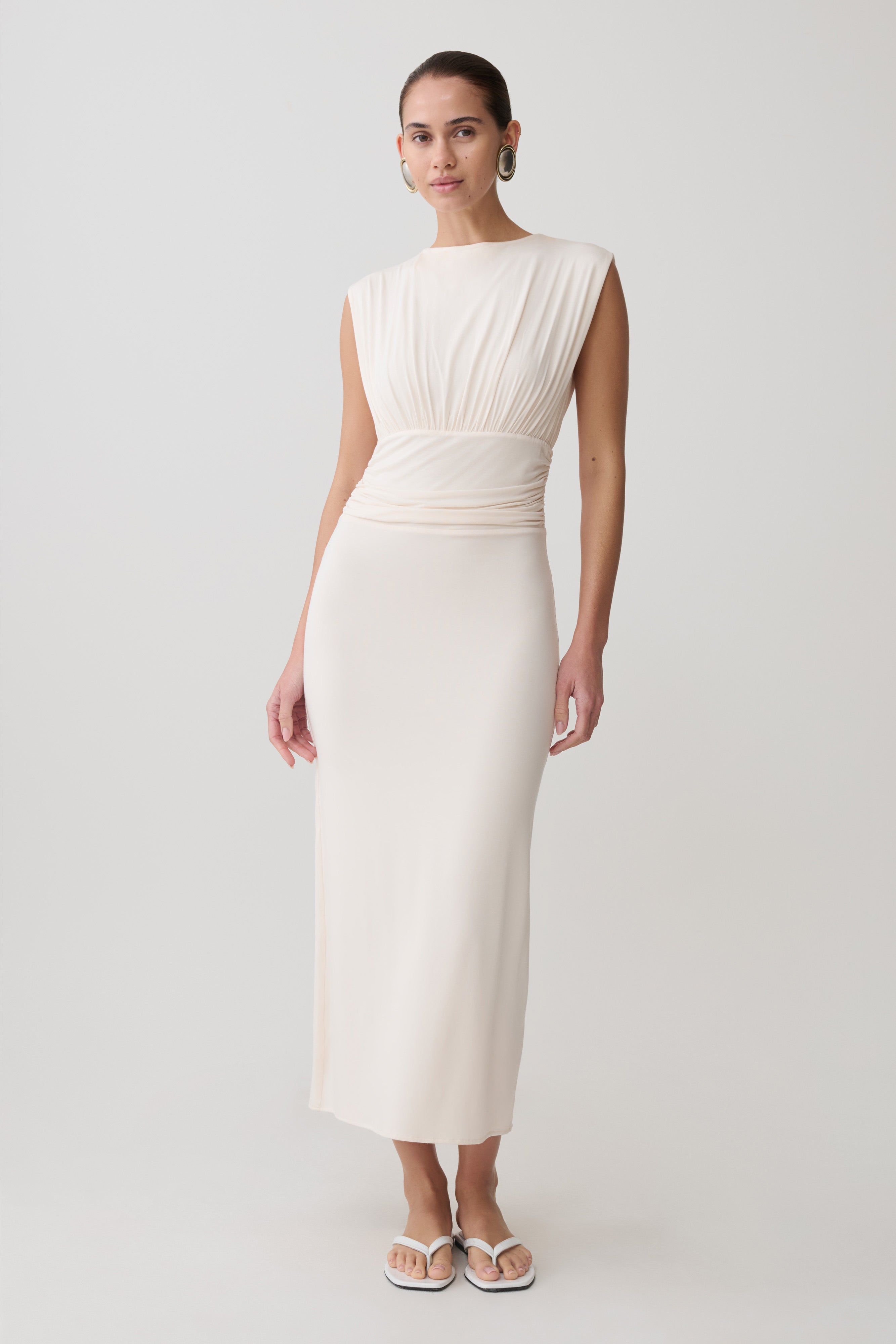 Kura Ruched Modal Sleeveless Midi Dress - Ivory