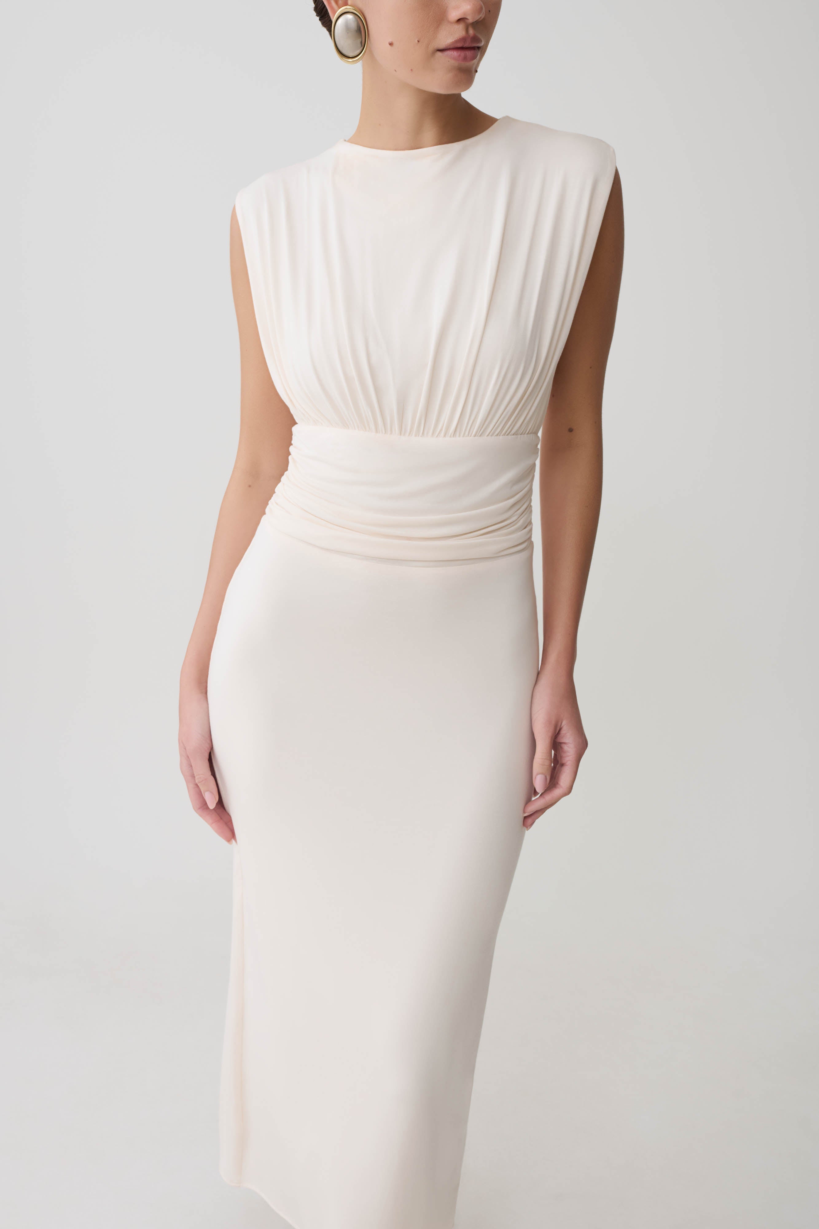 Kura Ruched Modal Sleeveless Midi Dress - Ivory