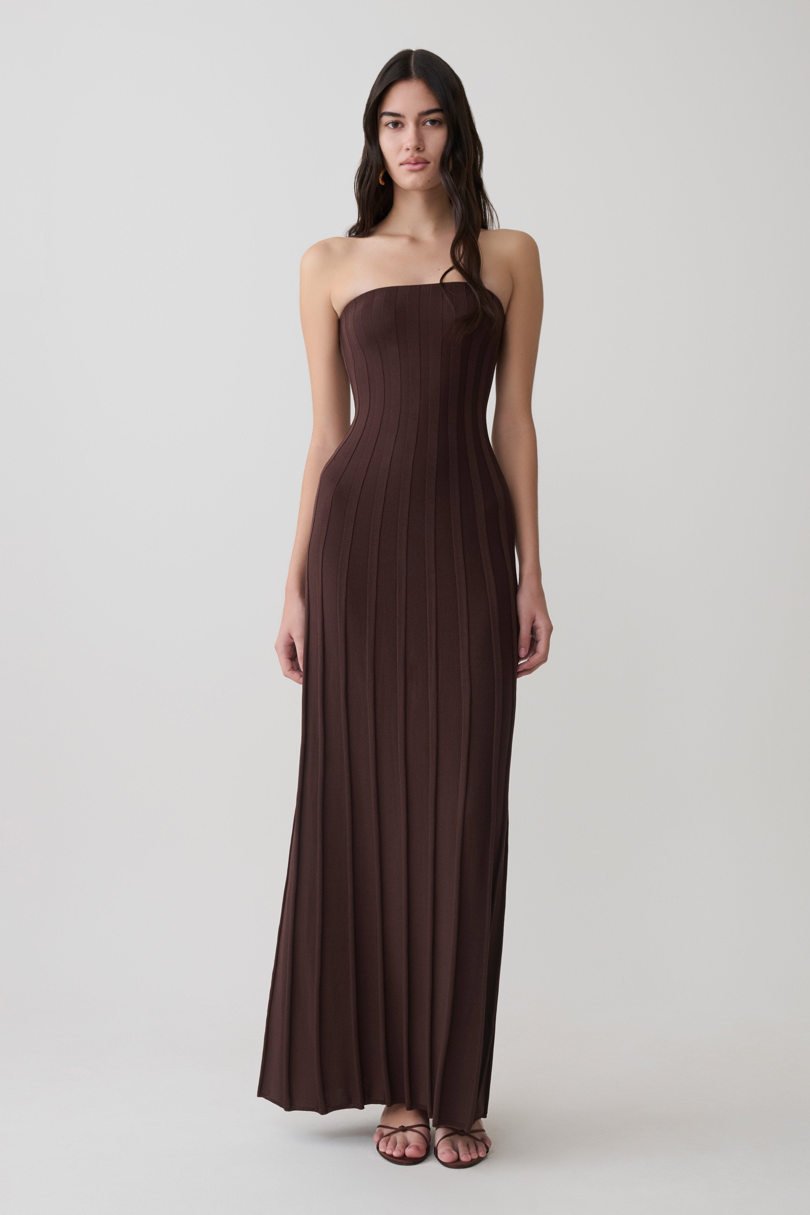 Pia Ribbed Strapless Maxi Dress - Chocolate