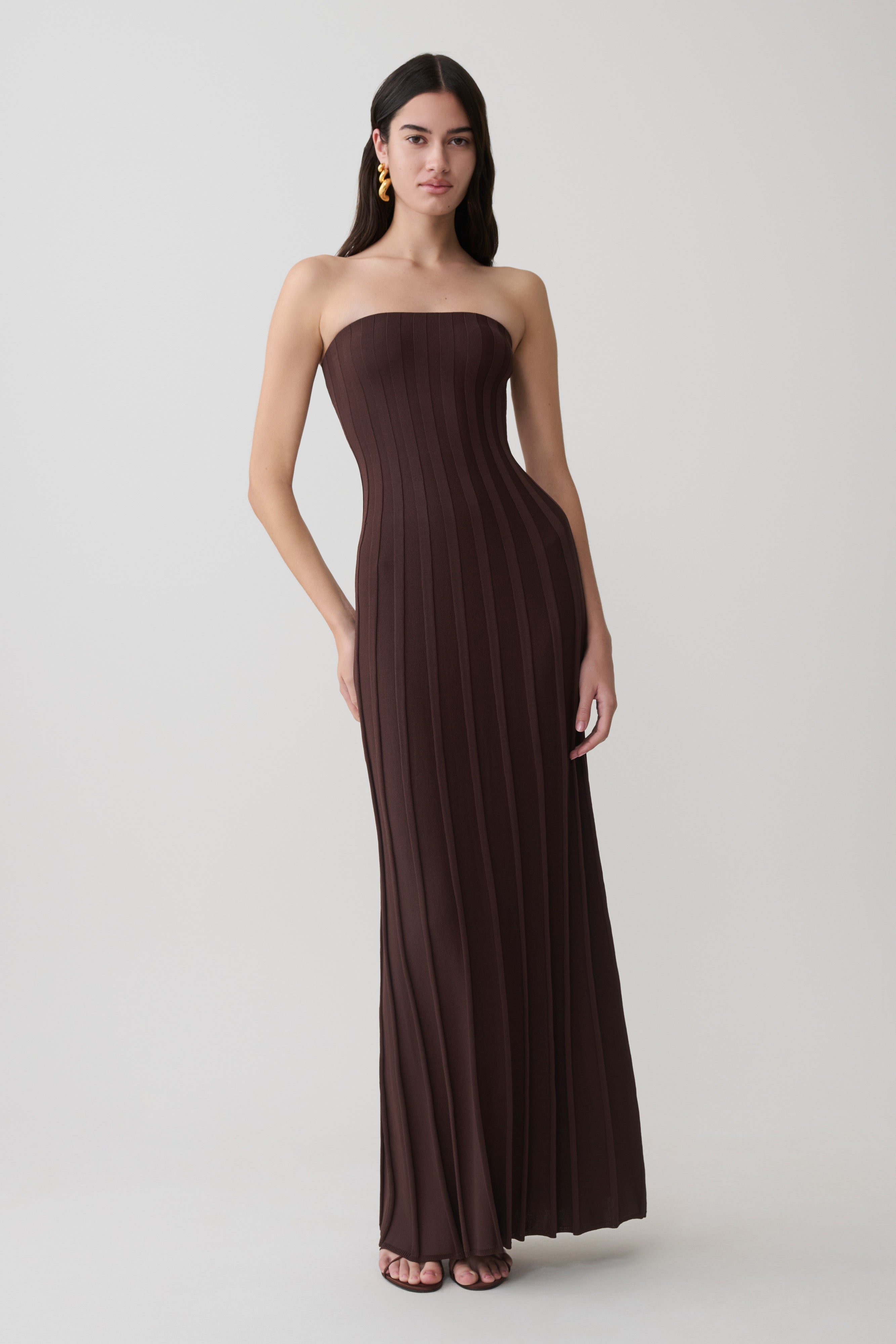 Pia Ribbed Strapless Maxi Dress - Chocolate
