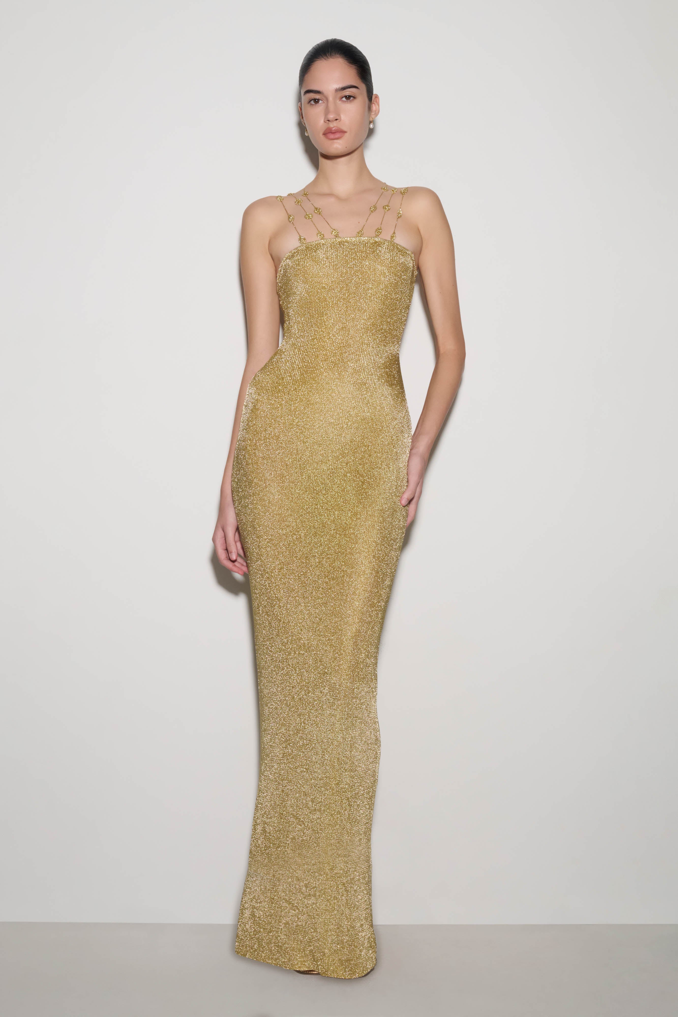 Shami Lurex Maxi Dress With Flowers - Gold