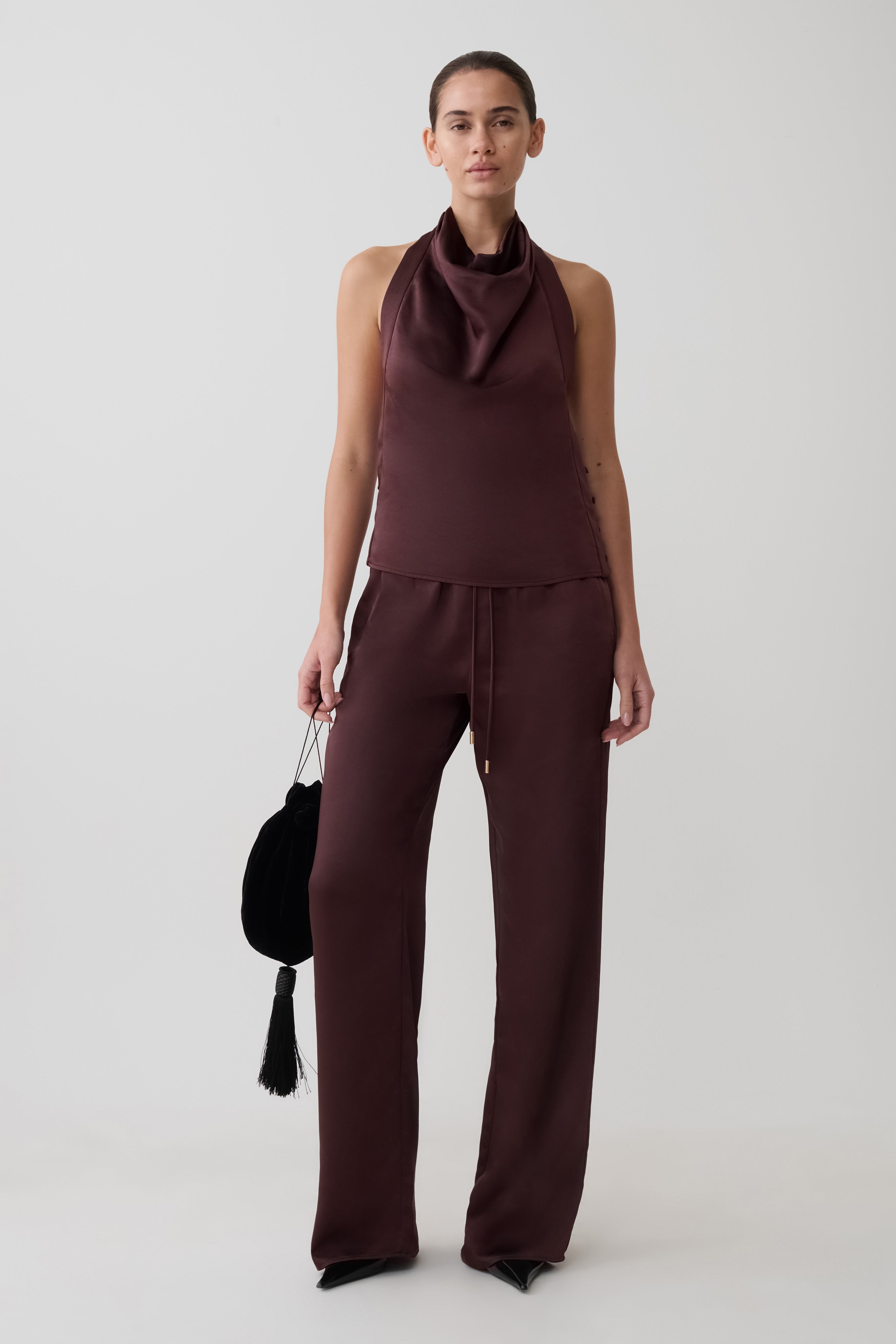 Danica Straight Leg Satin Pants - Mahogany