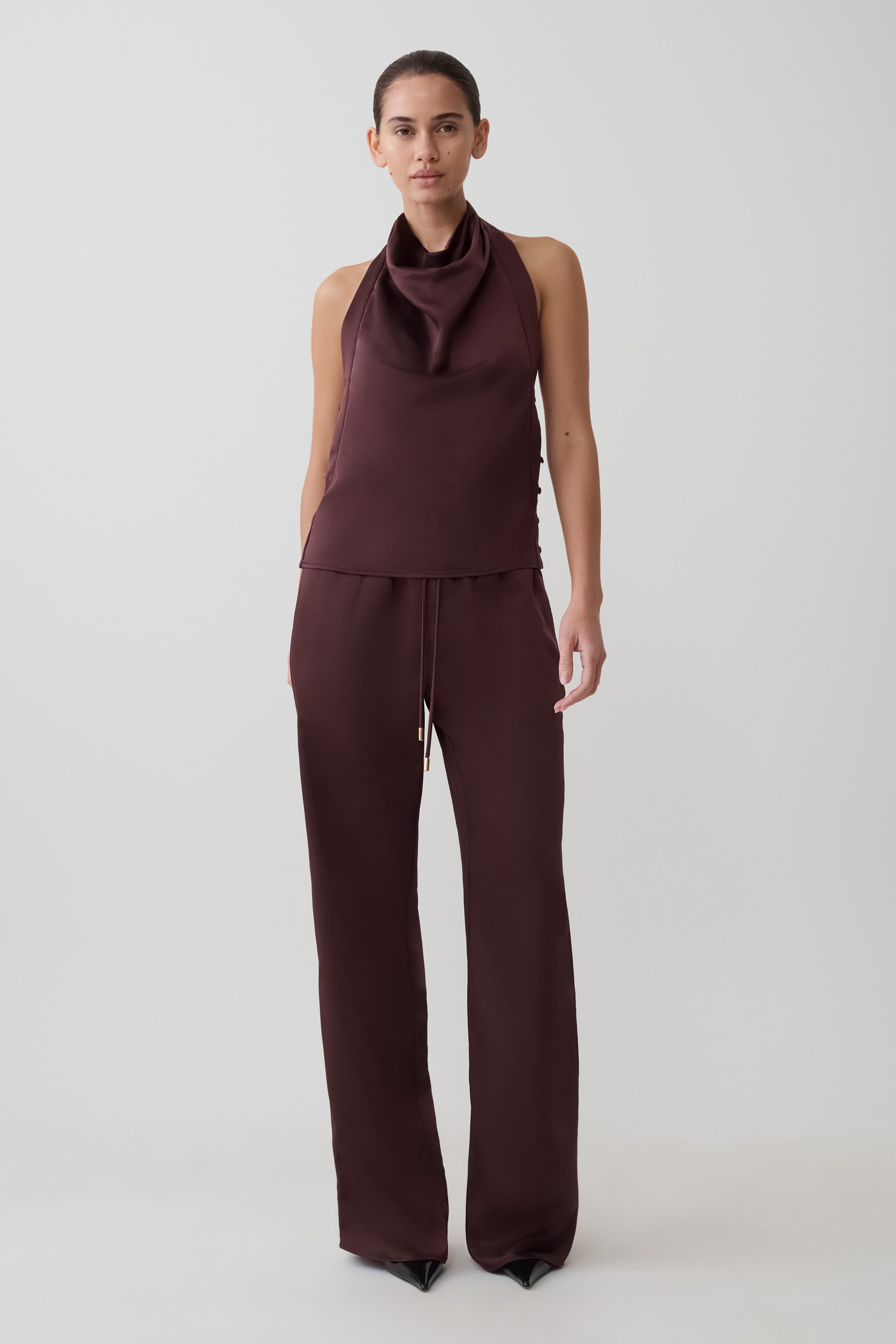 Danica Satin Halter Sleeveless Top - Mahogany