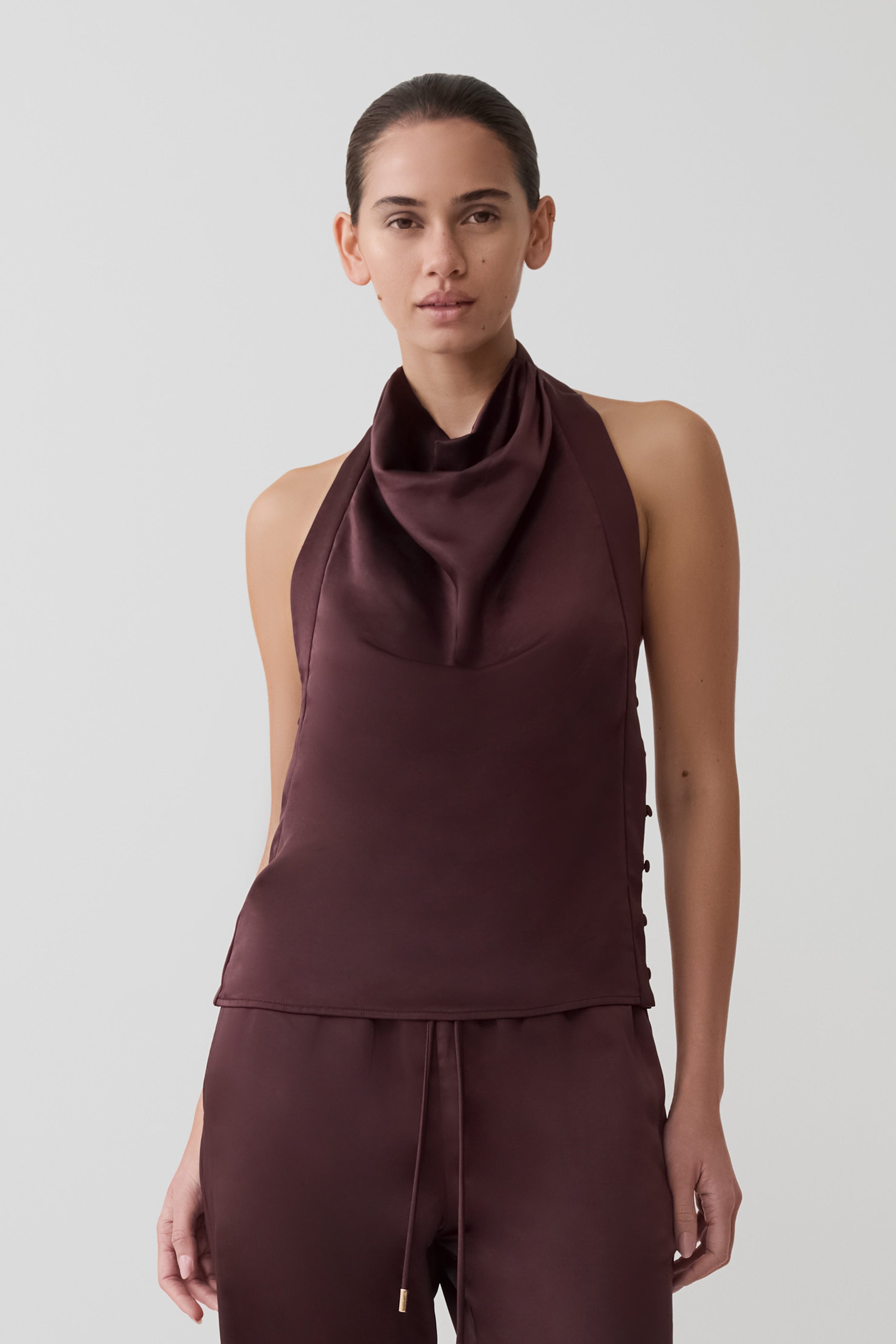 Danica Satin Halter Sleeveless Top - Mahogany