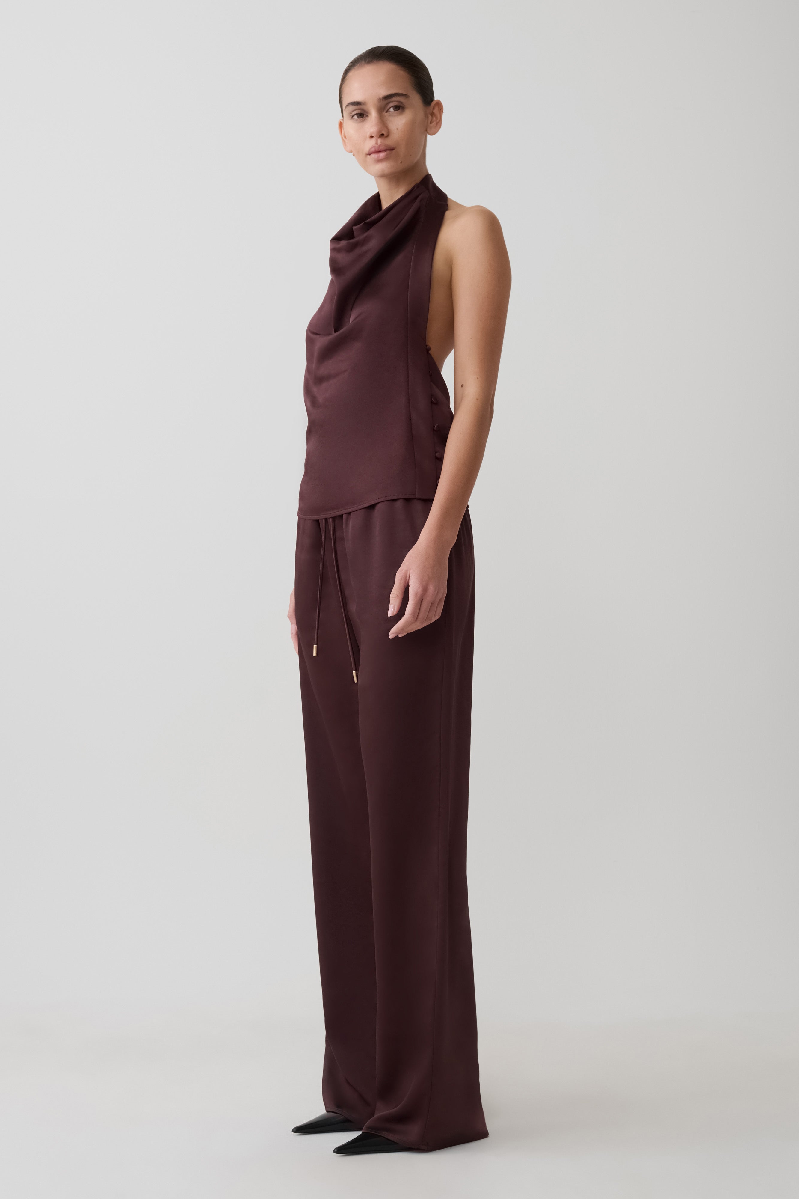 Danica Straight Leg Satin Pants - Mahogany