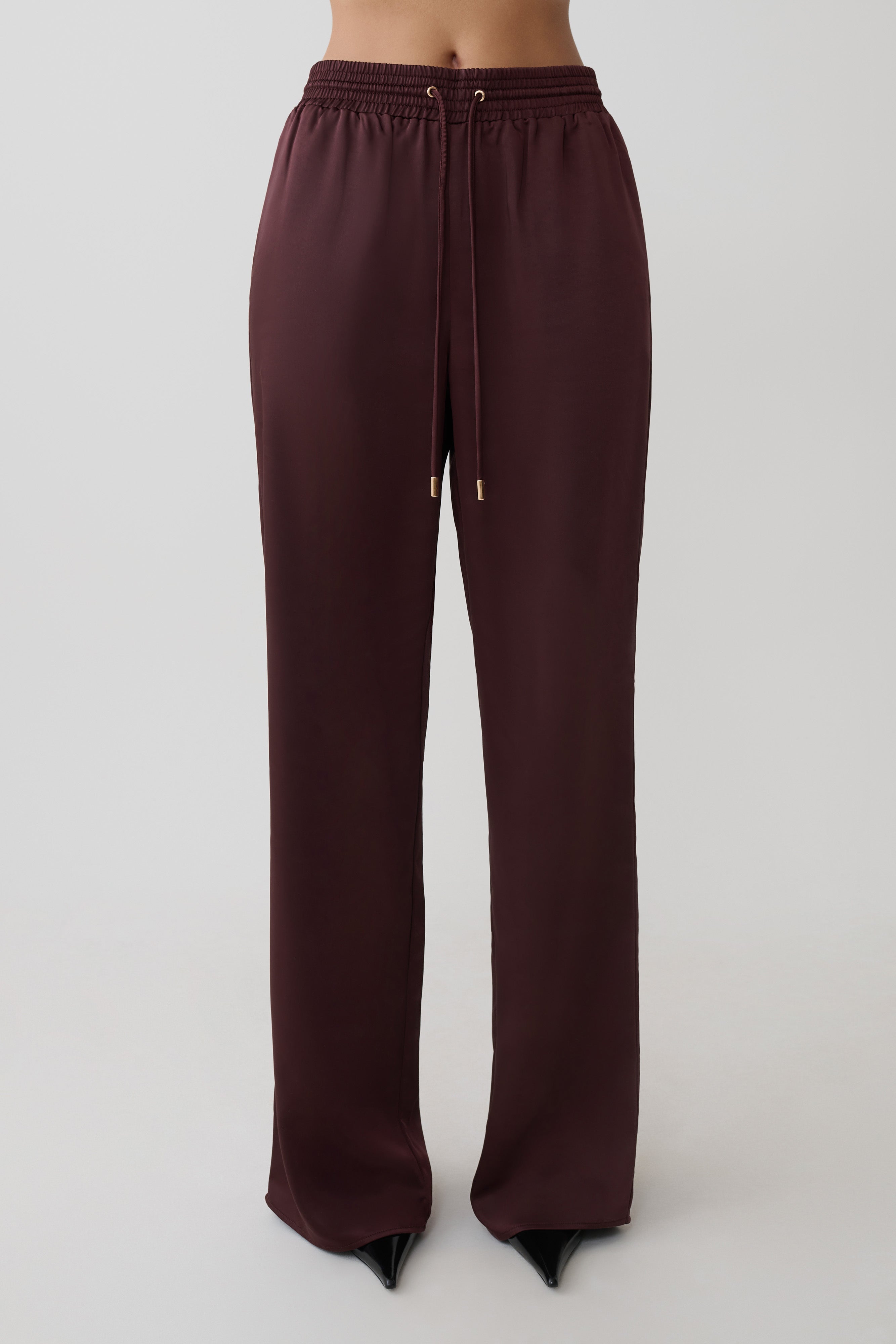 Danica Straight Leg Satin Pants - Mahogany