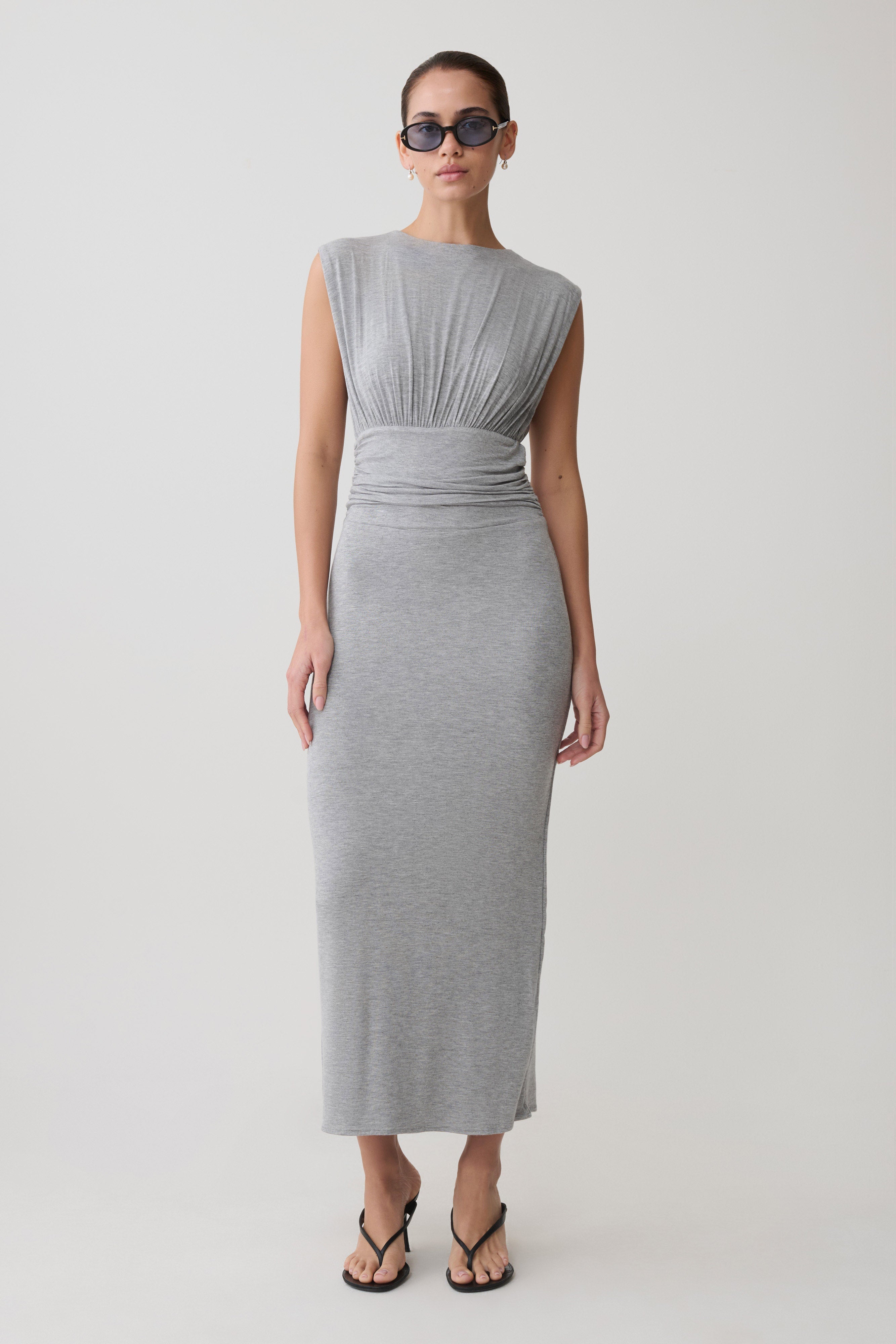 Kura Ruched Modal Sleeveless Midi Dress - Grey Marle