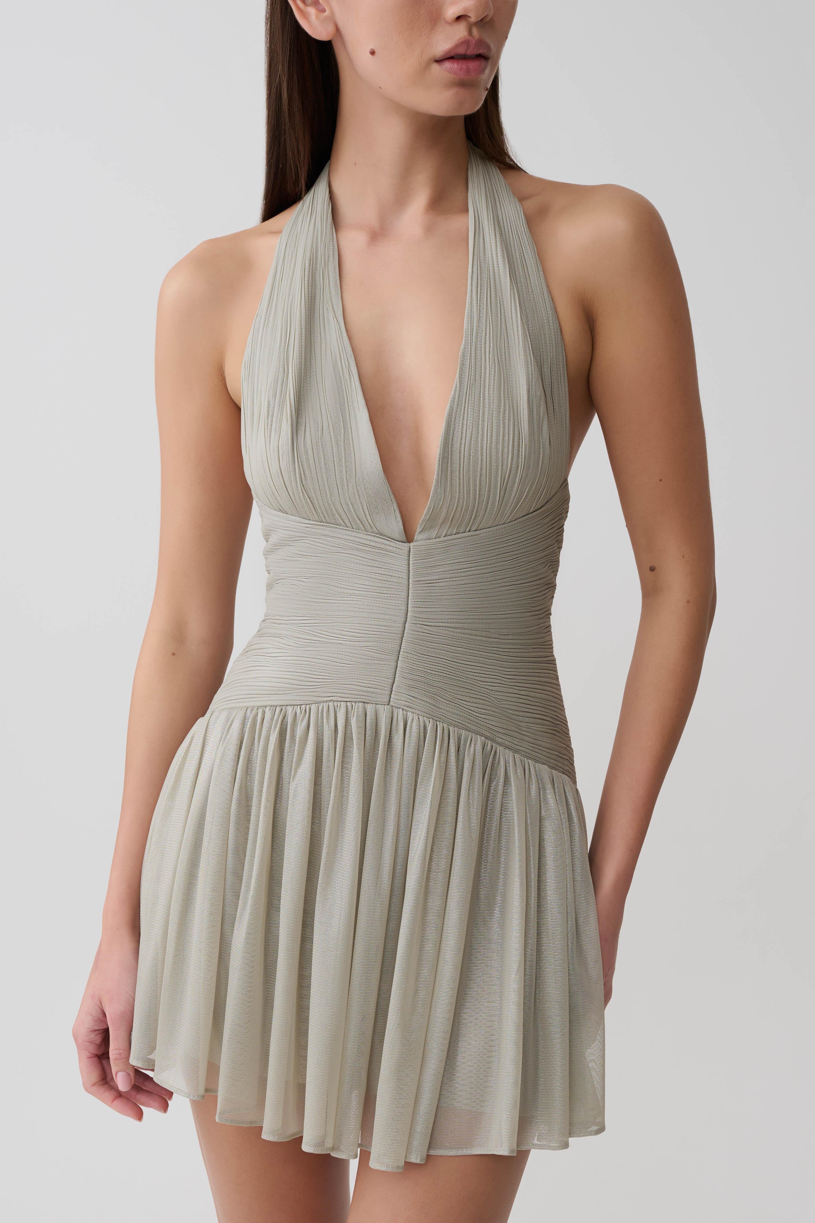 Lucille Halter Pleated Mini Dress - Silver