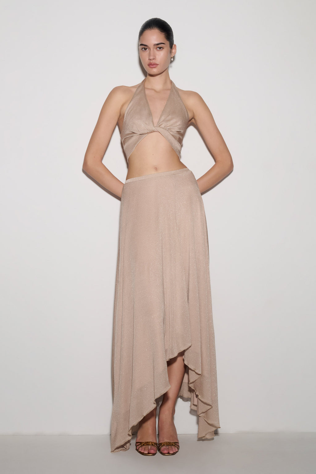Nola Draped Lurex Halter Top - Gold