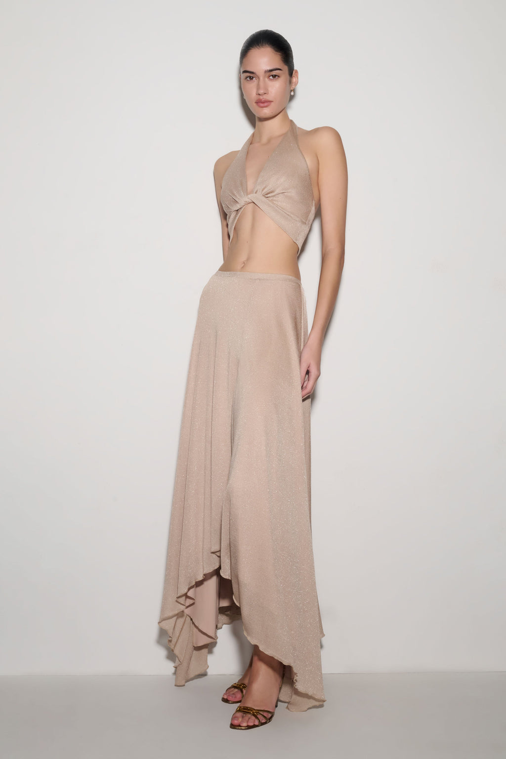 Nola Draped Lurex Halter Top - Gold
