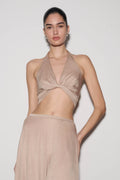 Nola Draped Lurex Halter Top - Gold