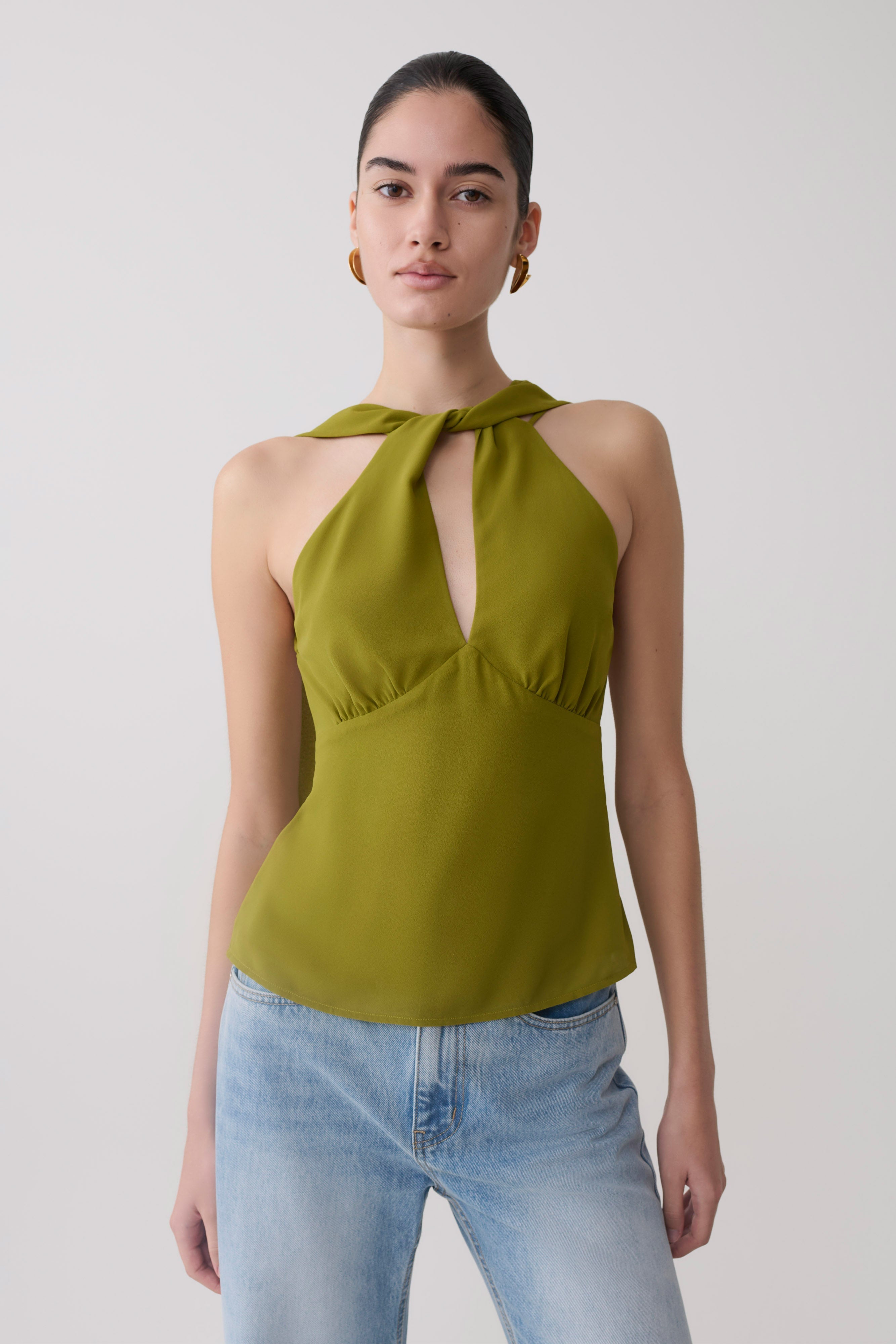 Nora Halter Chiffon Top - Olive