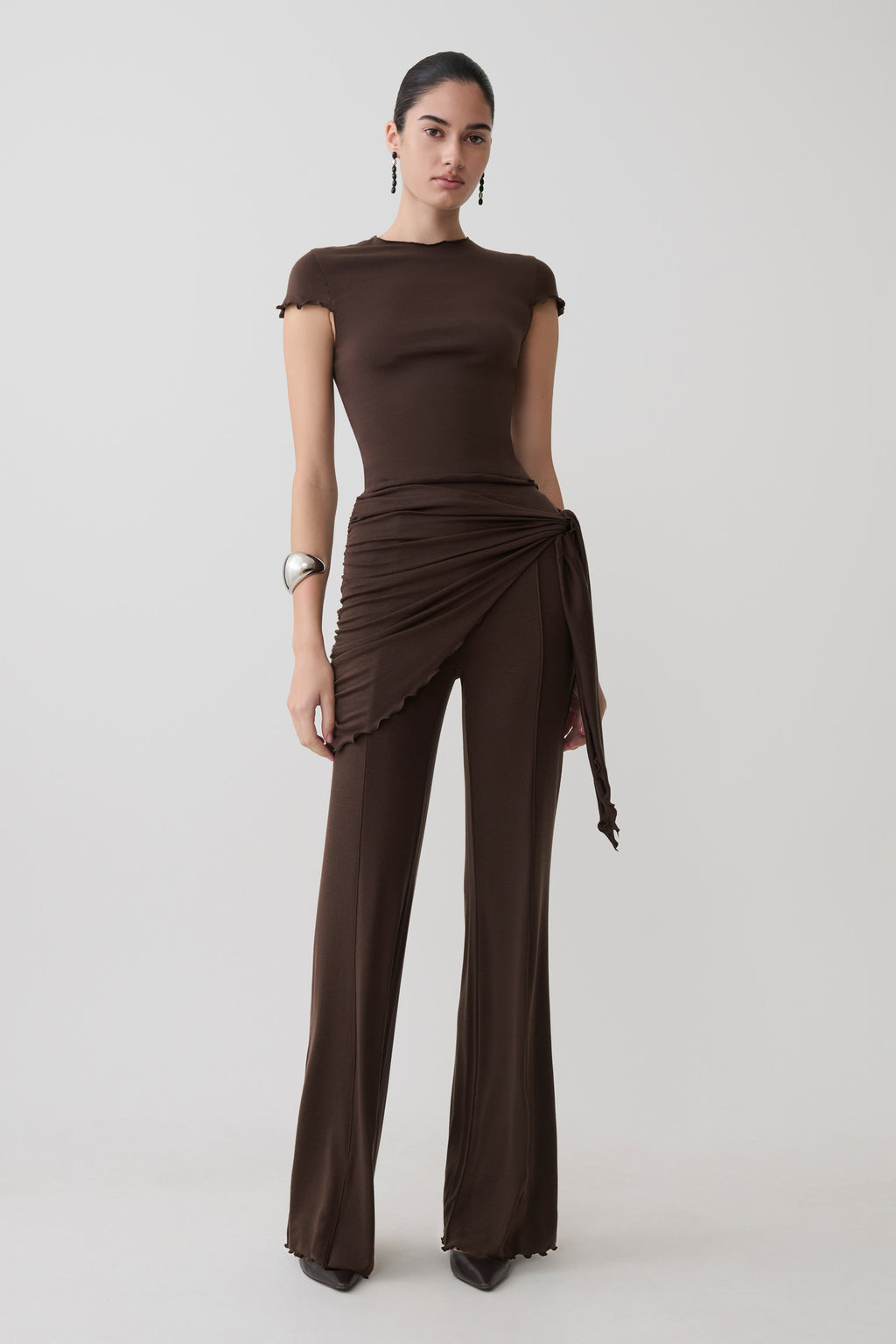 Anfie High Neck Top With Piping Detail - Dark Chocolate