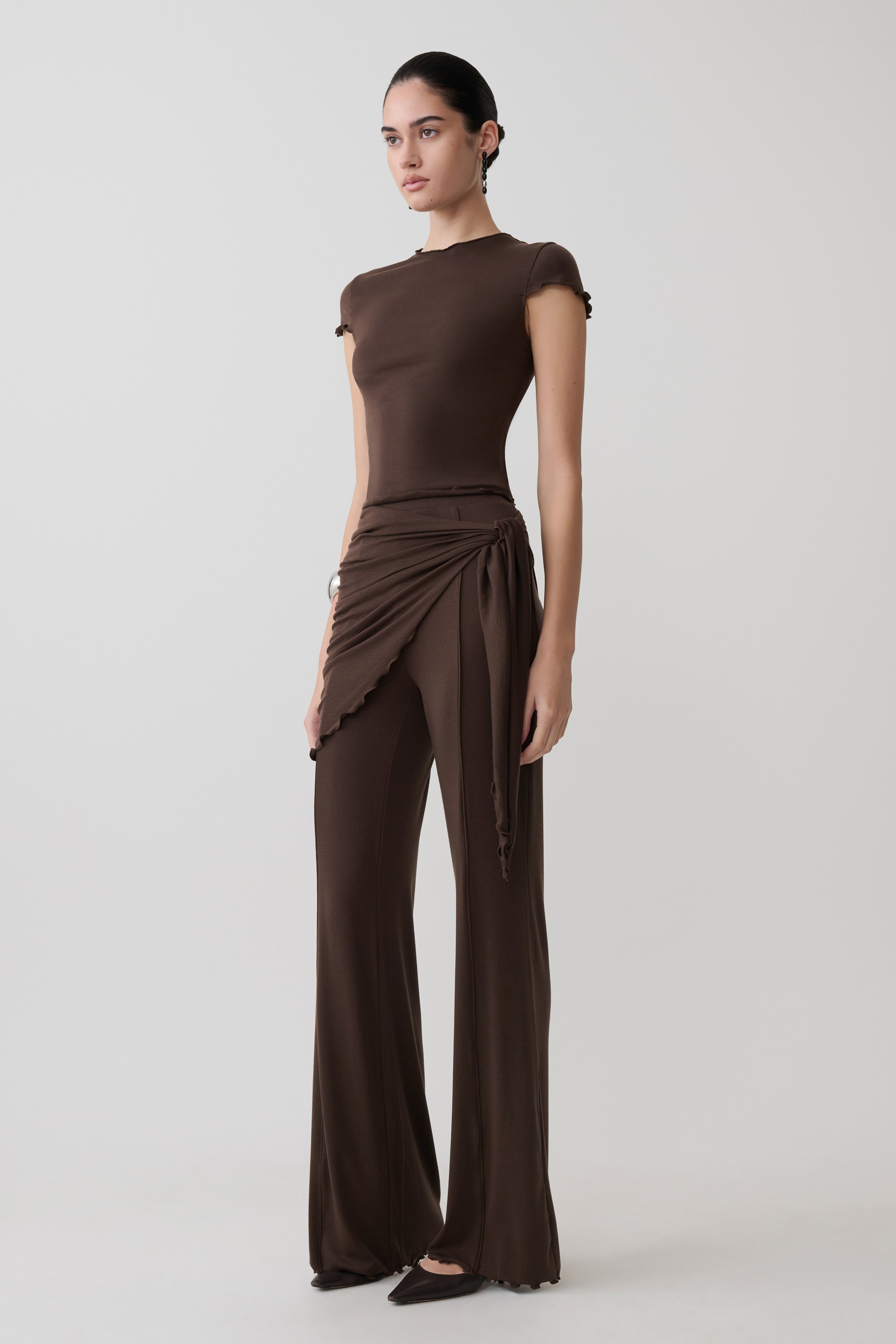 Anfie High Neck Top With Piping Detail - Dark Chocolate