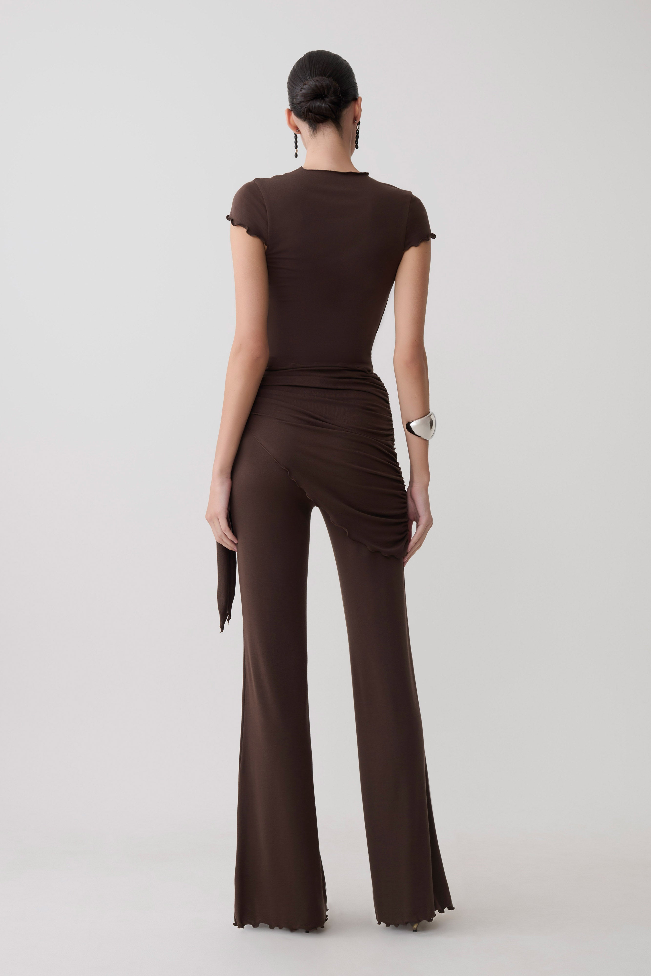 Anfie High Neck Top With Piping Detail - Dark Chocolate