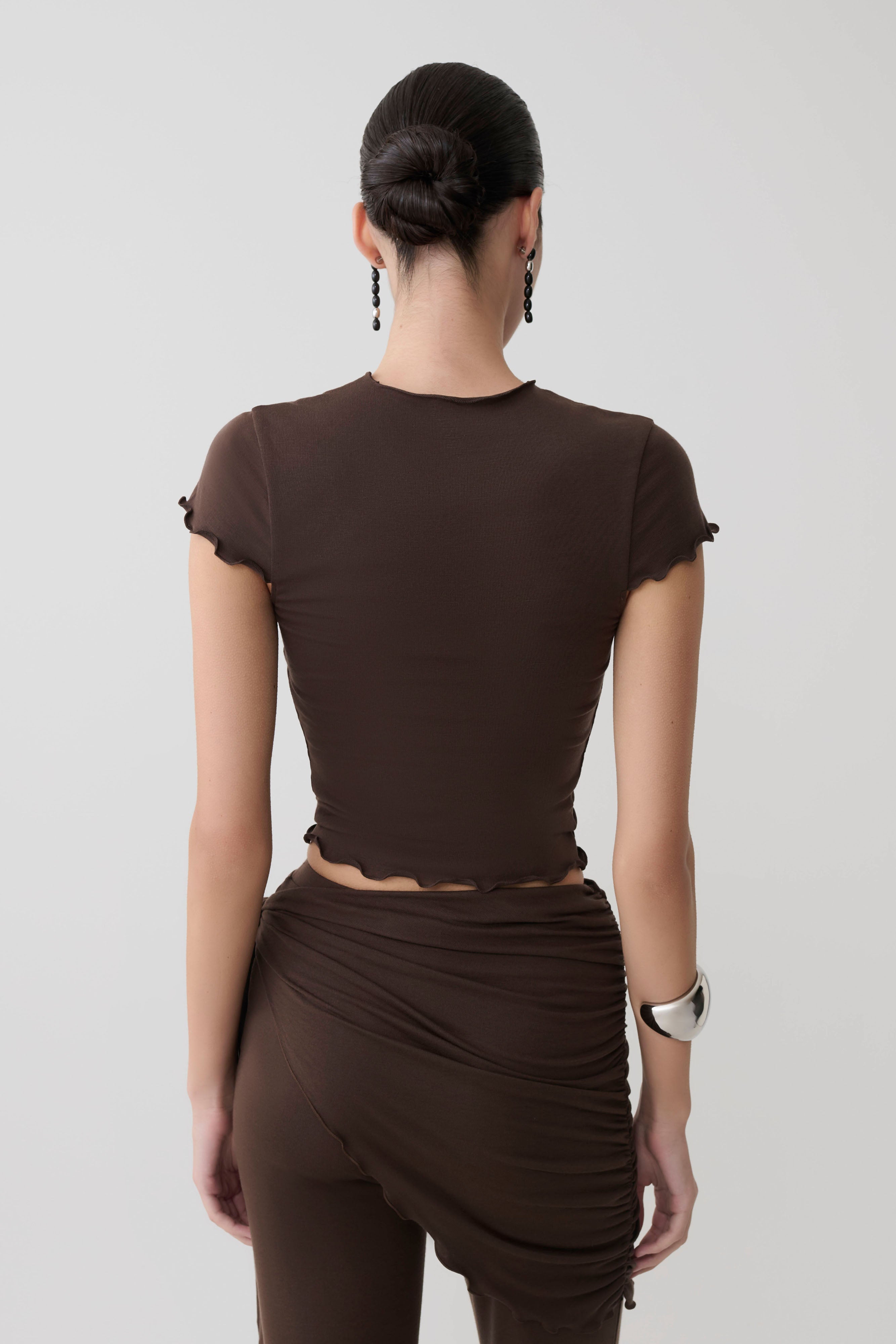 Anfie High Neck Top With Piping Detail - Dark Chocolate