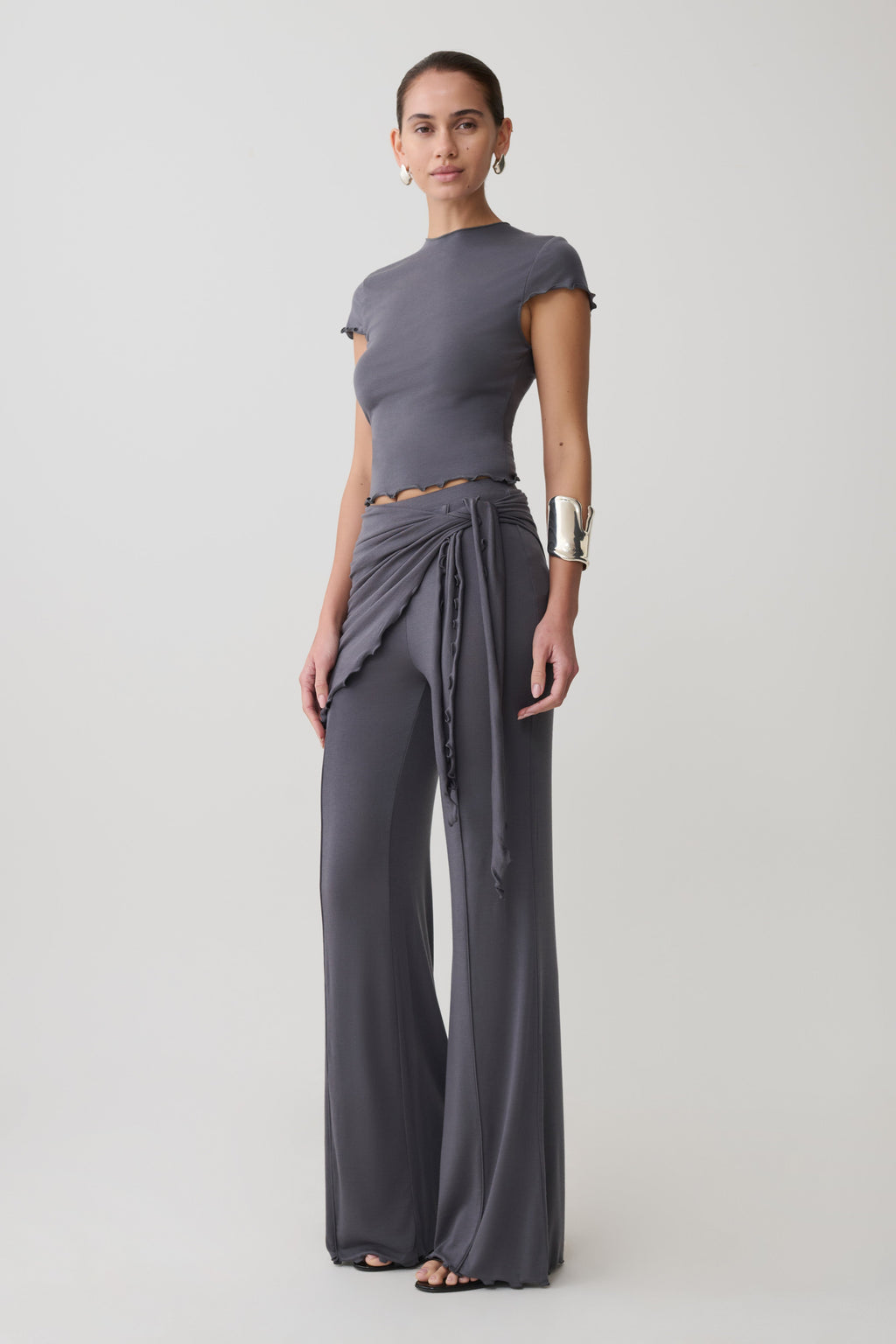 Anfie High Neck Top With Piping Detail - Grey