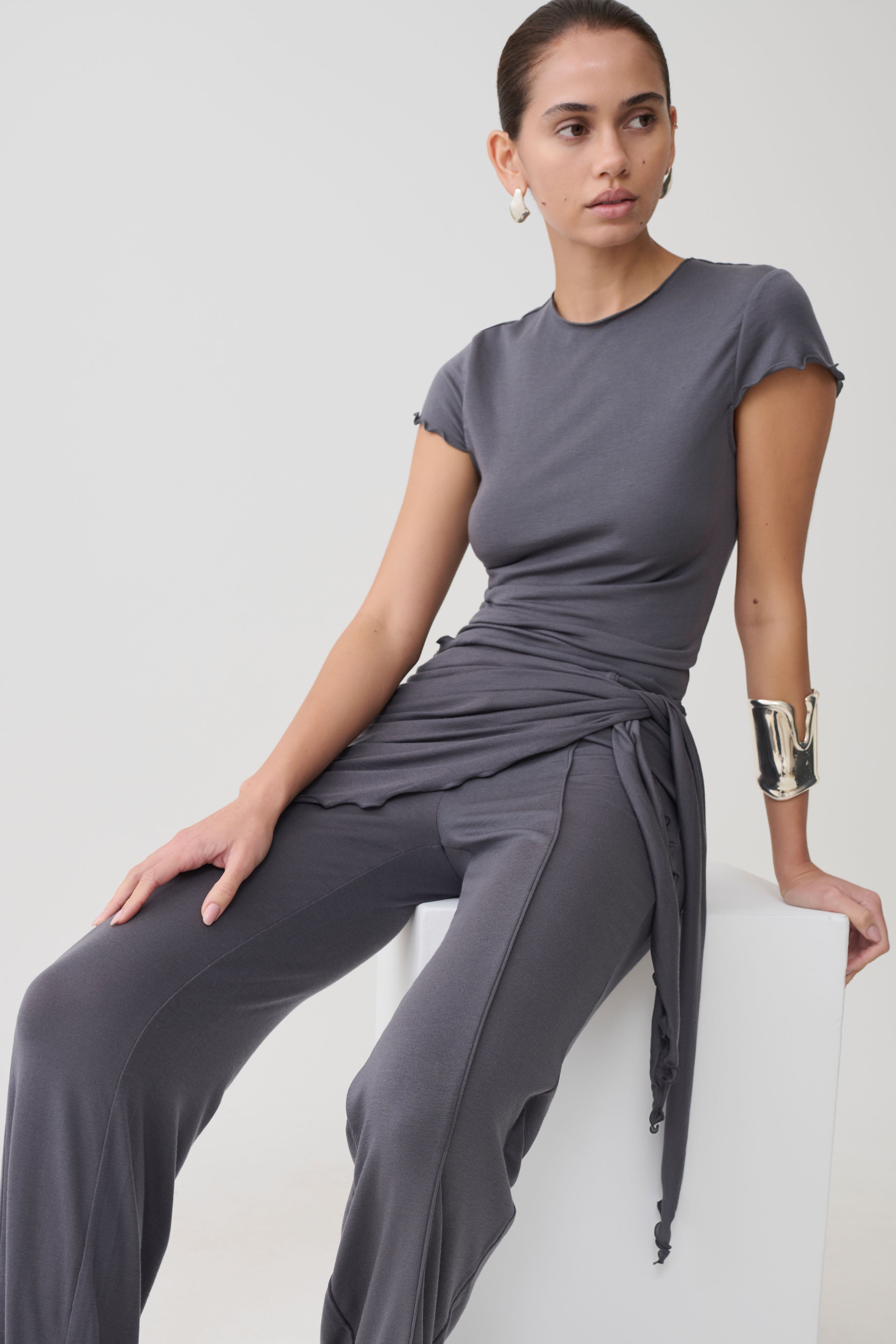 Anfie High Neck Top With Piping Detail - Grey