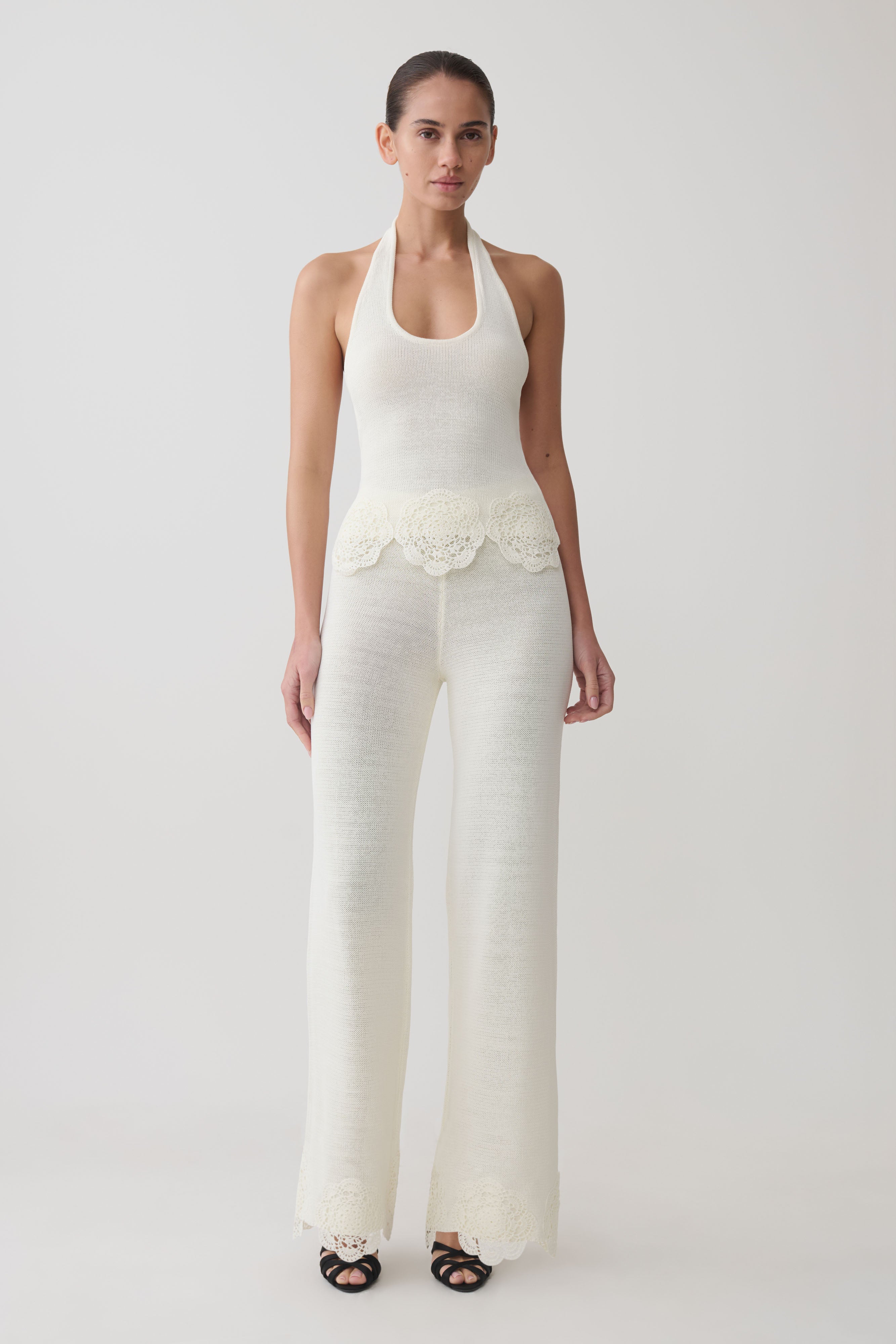 Salley Crochet Halter Longline Top - Ivory