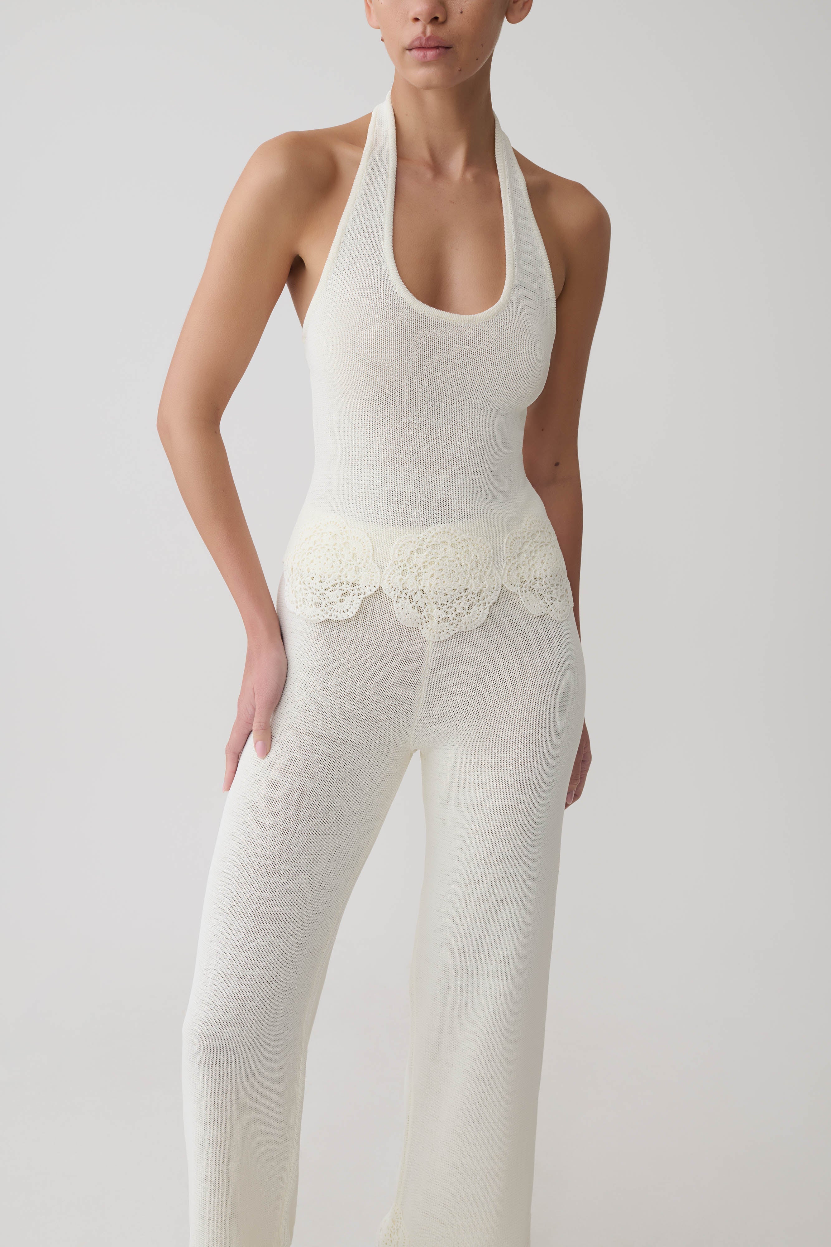 Salley Crochet Halter Longline Top - Ivory