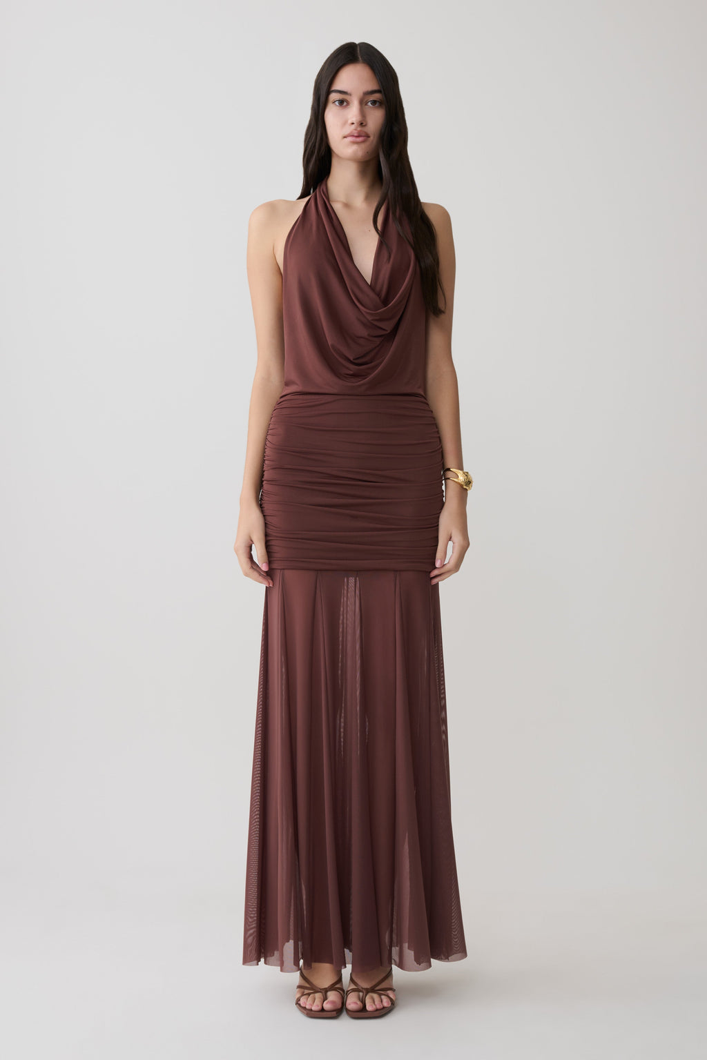 Jorja Draped Halter Slinky Maxi Dress - Chocolate