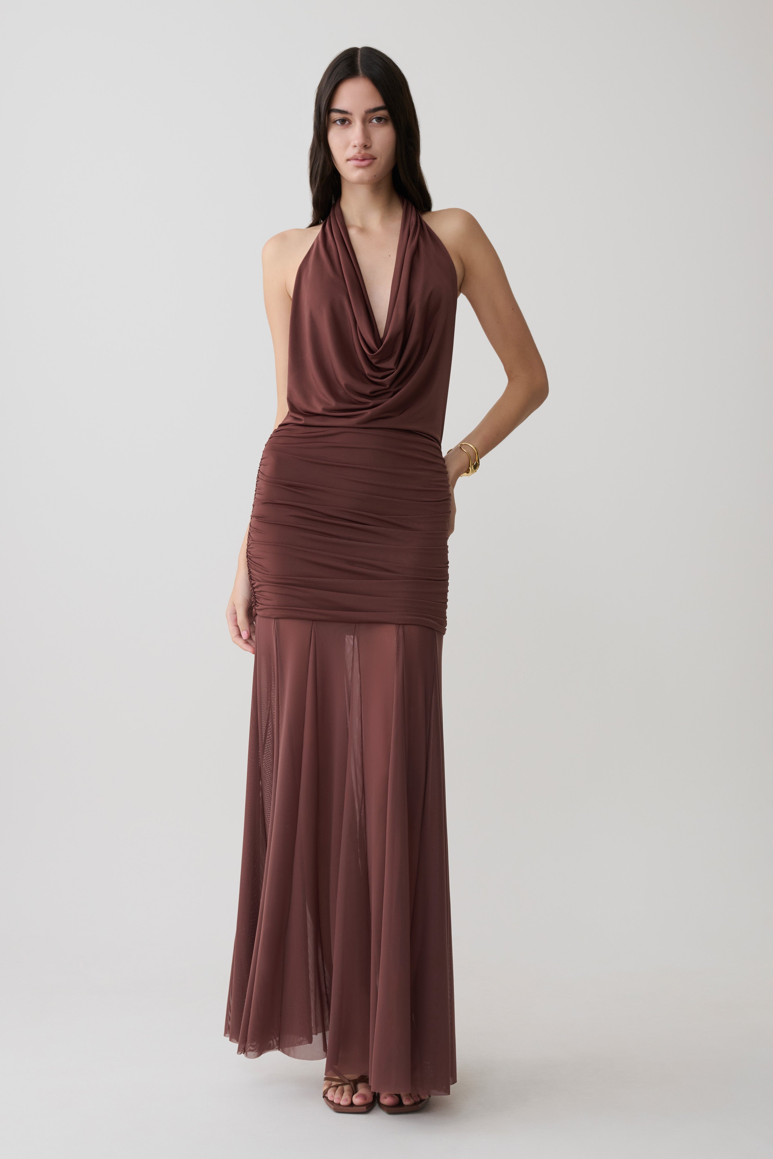 Jorja Draped Halter Slinky Maxi Dress - Chocolate