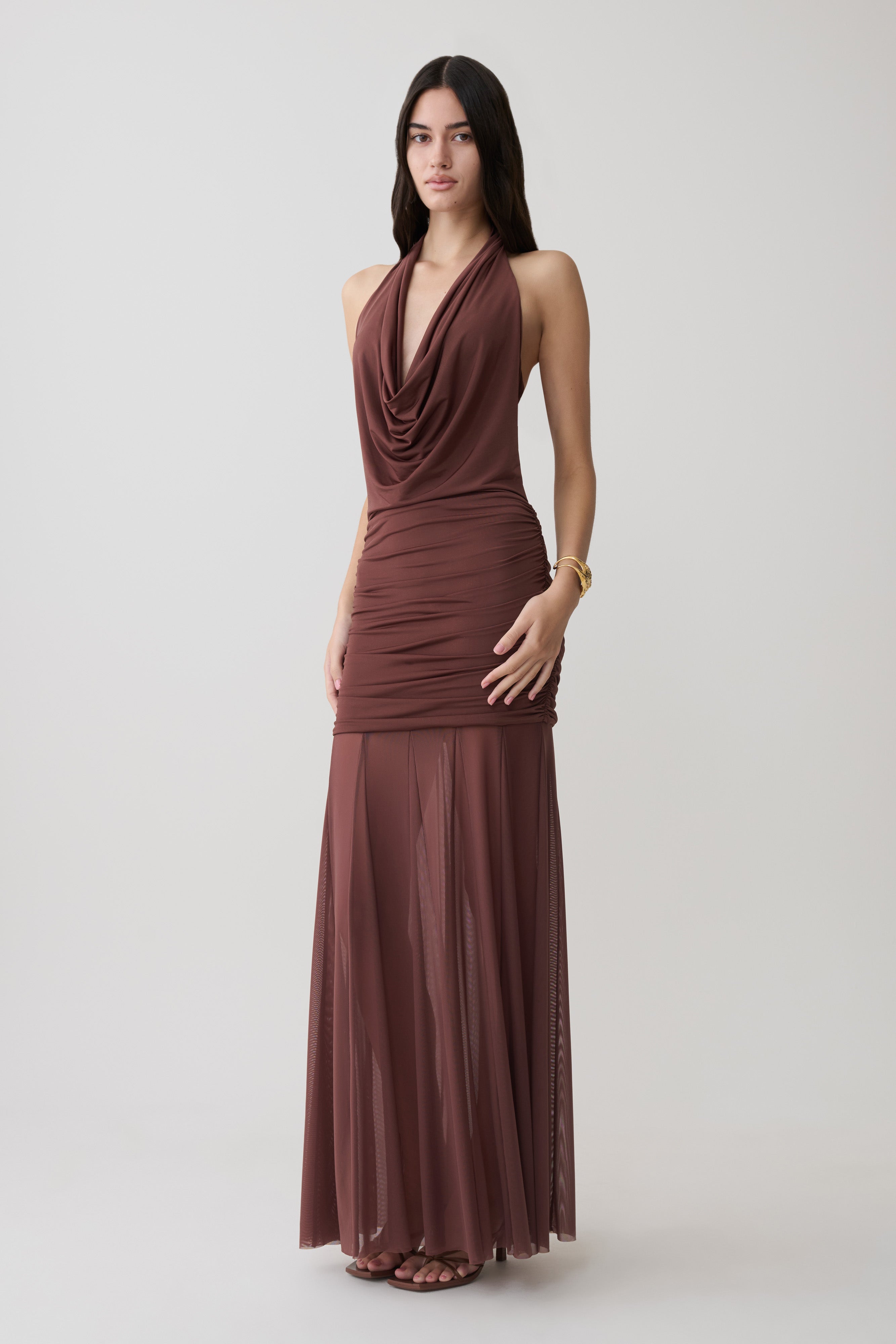 Jorja Draped Halter Slinky Maxi Dress - Chocolate