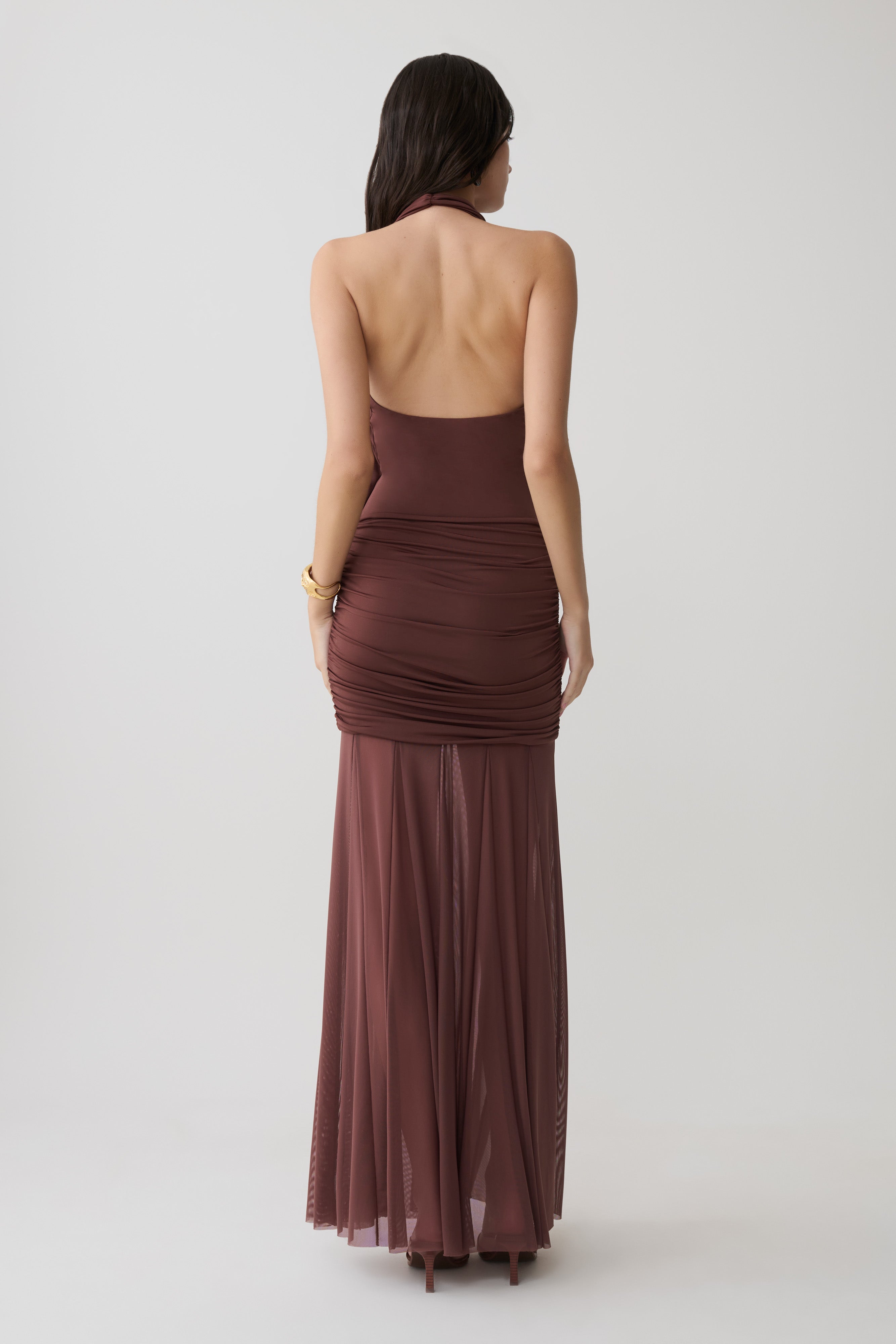 Jorja Draped Halter Slinky Maxi Dress - Chocolate