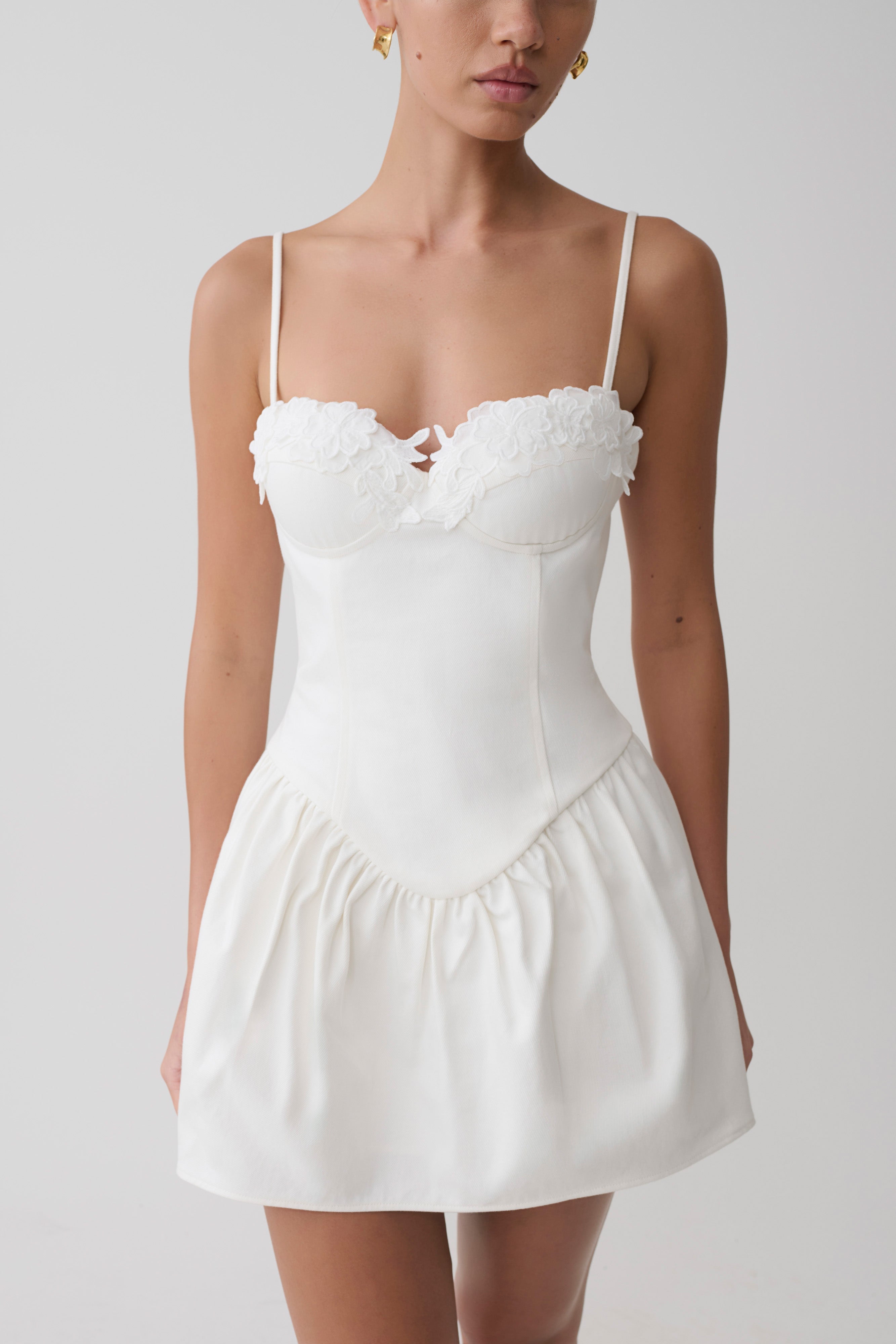 Emary Applique Denim Bustier Mini Dress - White