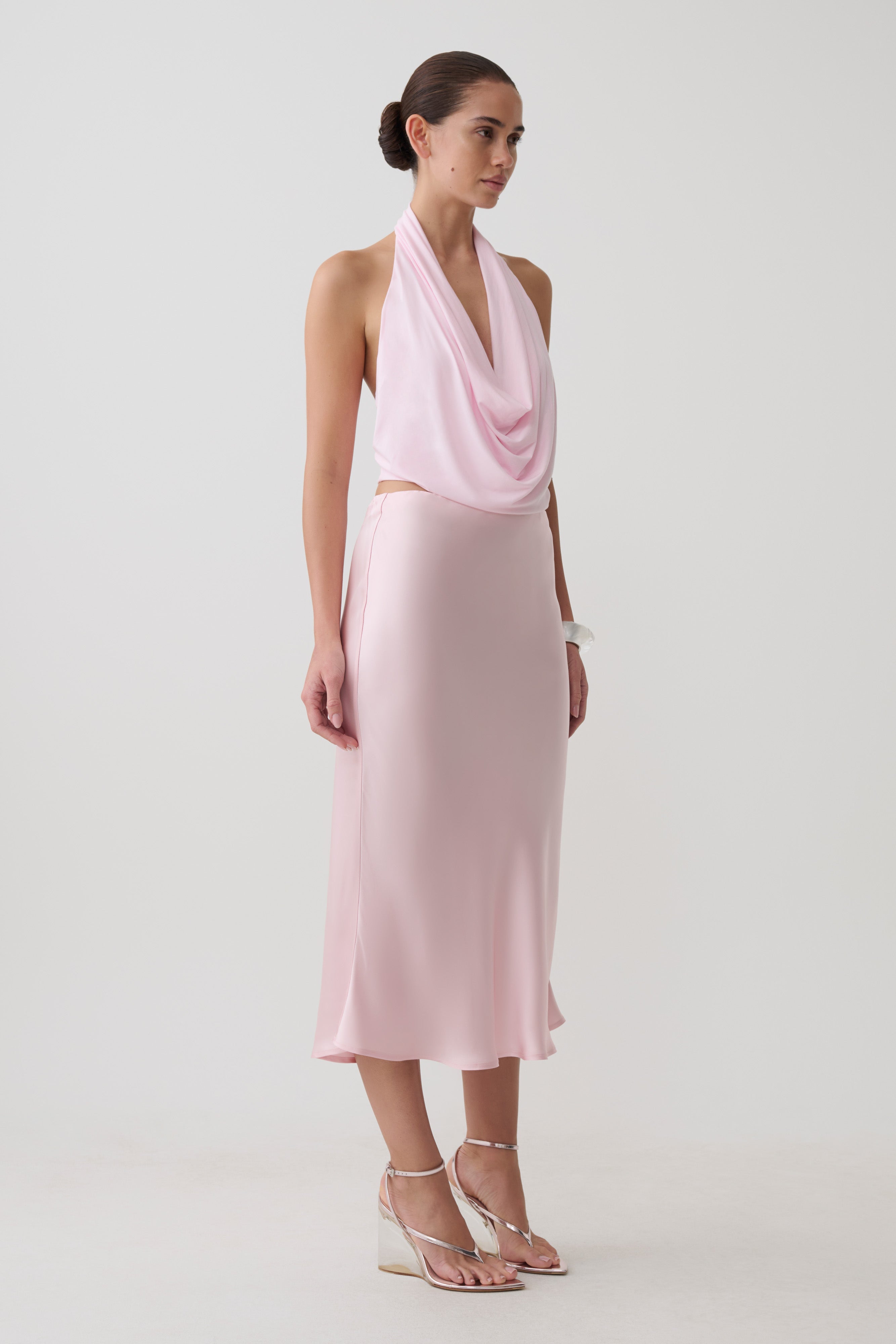 Hattie Satin Midi Skirt - Pale Pink