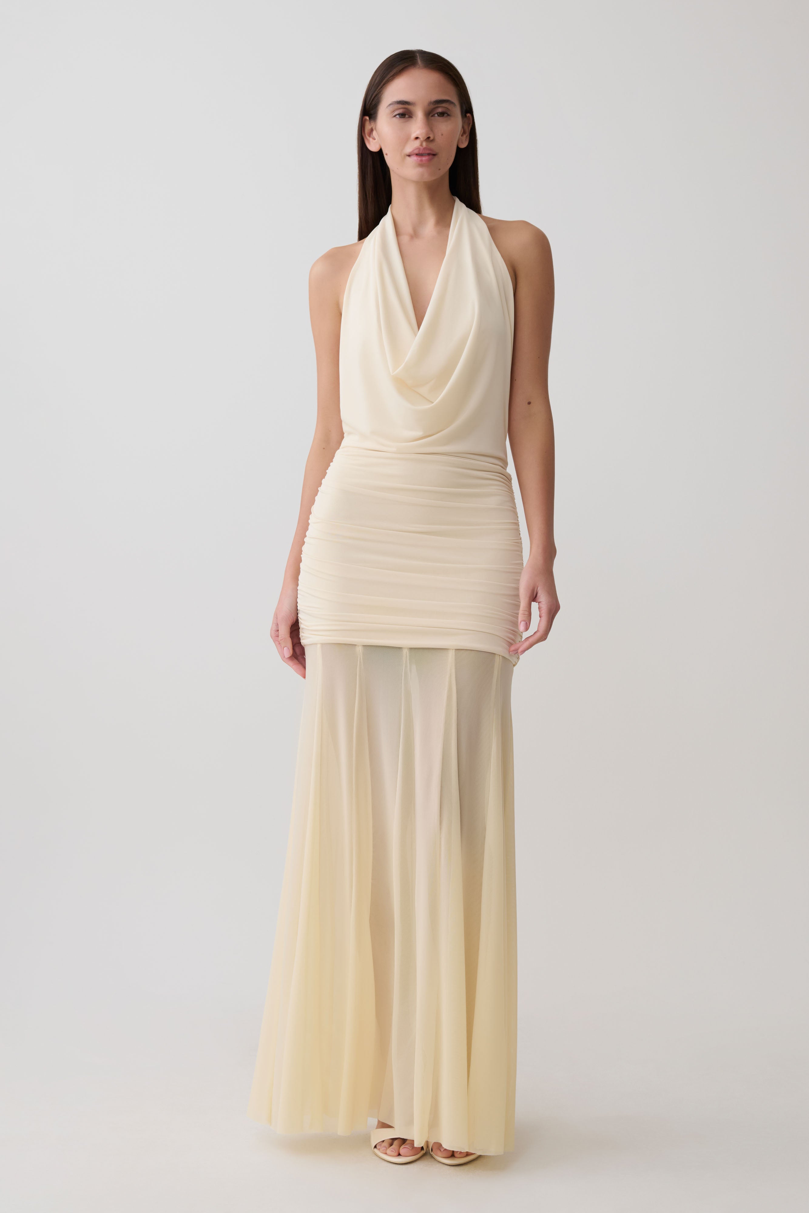 Jorja Draped Halter Slinky Maxi Dress - Ivory