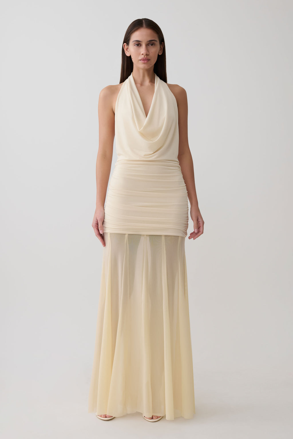 Jorja Draped Halter Slinky Maxi Dress - Ivory