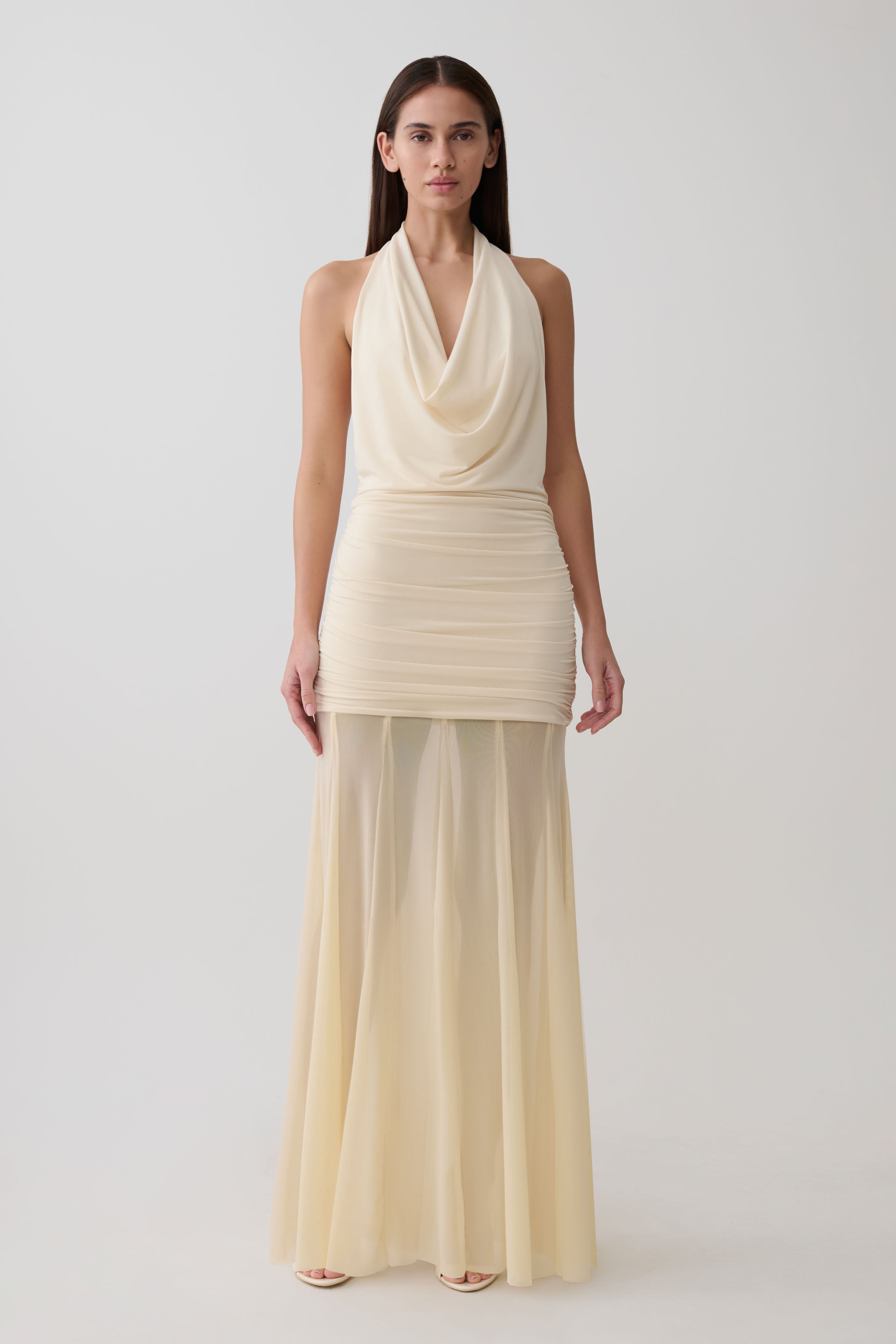Jorja Draped Halter Slinky Maxi Dress - Ivory
