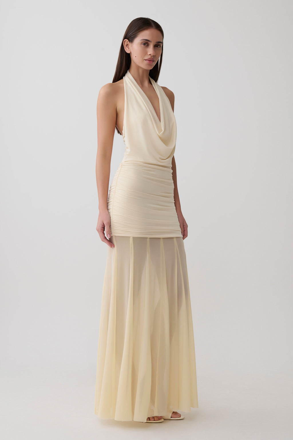 Jorja Draped Halter Slinky Maxi Dress - Ivory