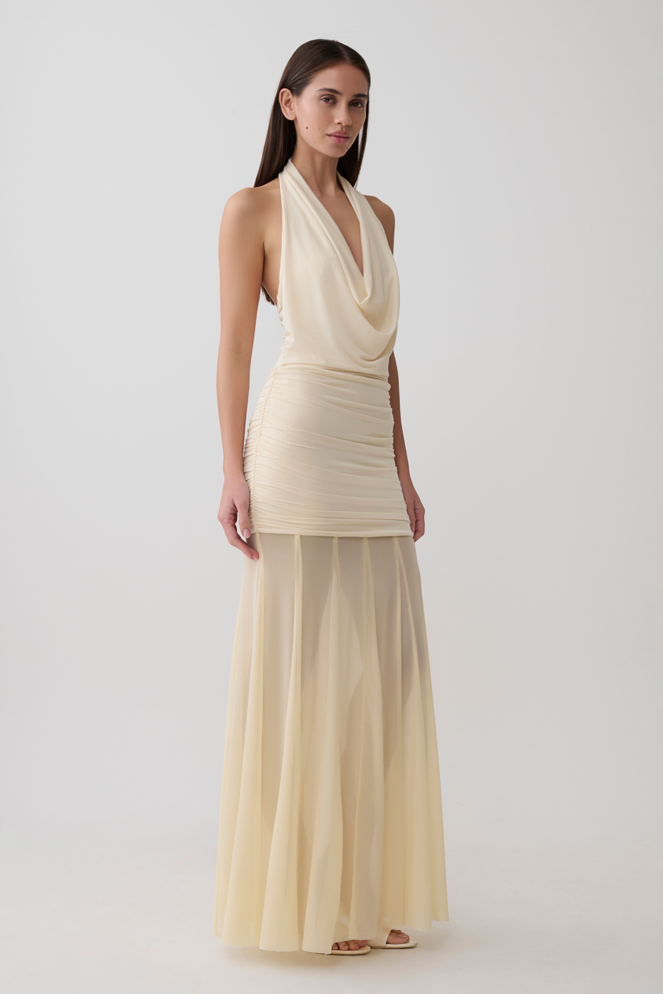 Jorja Draped Halter Slinky Maxi Dress - Ivory