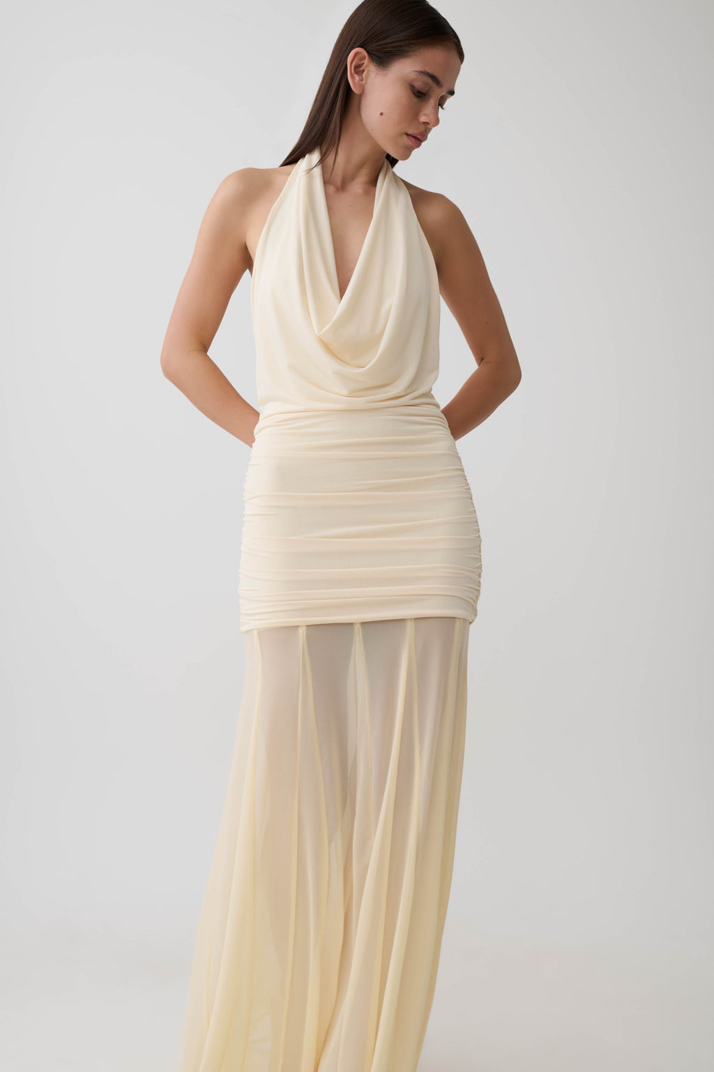 Jorja Draped Halter Slinky Maxi Dress - Ivory