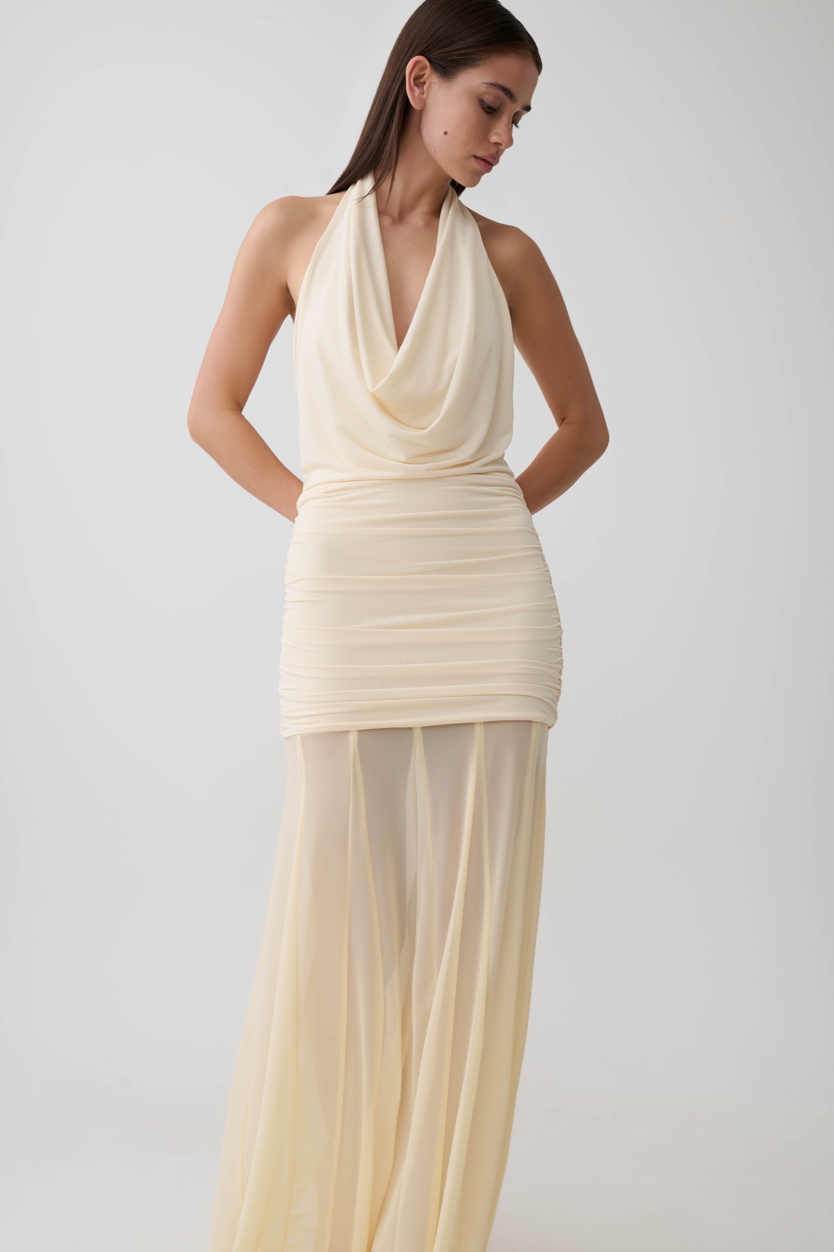 Jorja Draped Halter Slinky Maxi Dress - Ivory