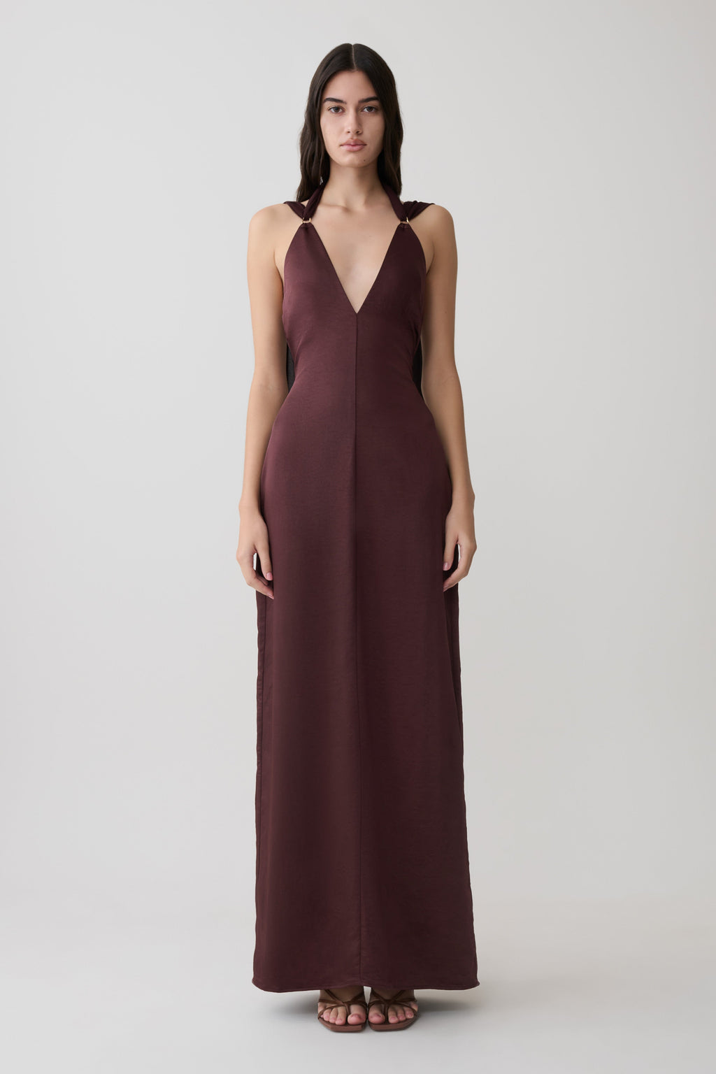 Myla Draped Shoulders Satin Maxi Dress - Chocolate