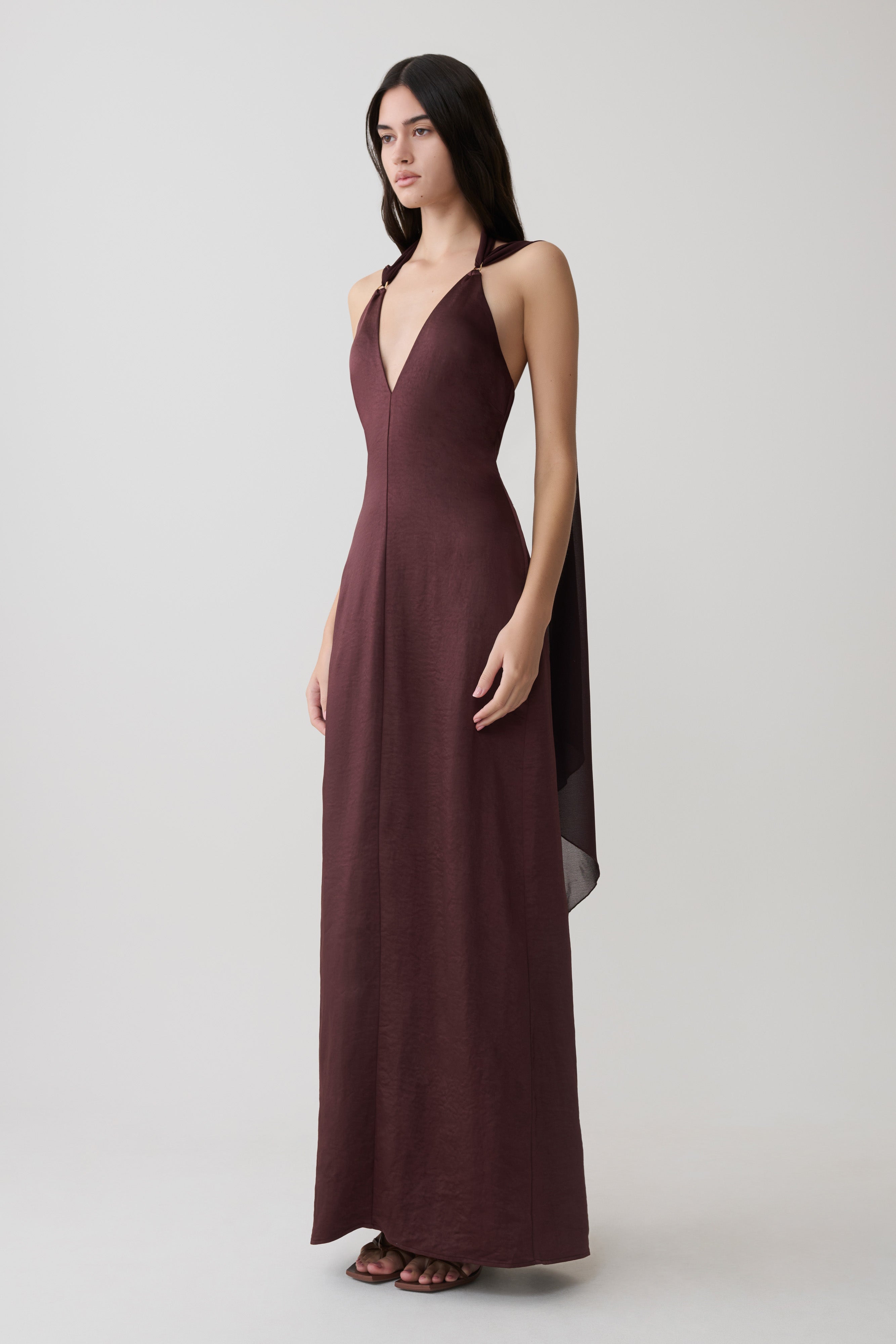 Myla Draped Shoulders Satin Maxi Dress - Chocolate