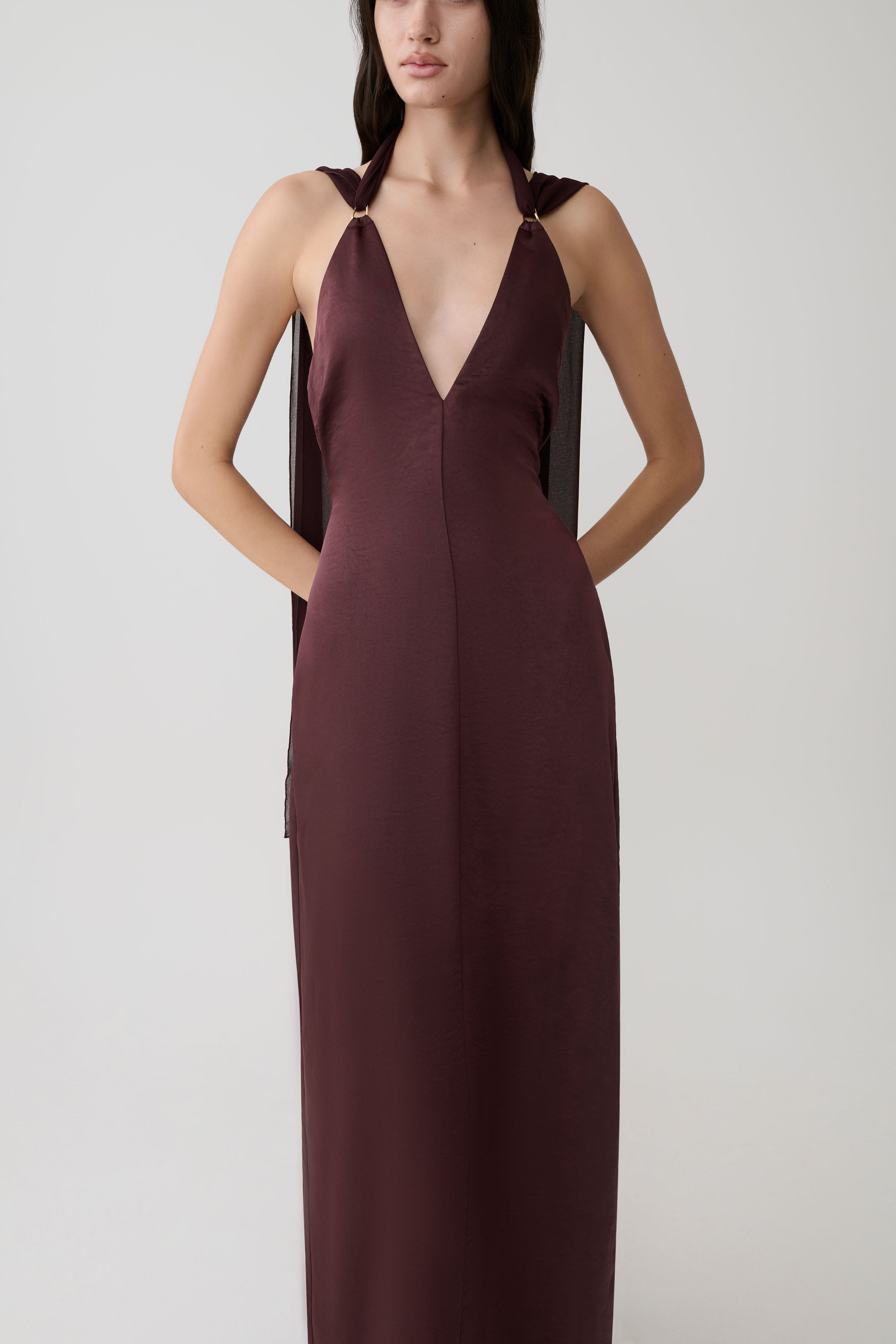 Myla Draped Shoulders Satin Maxi Dress - Chocolate