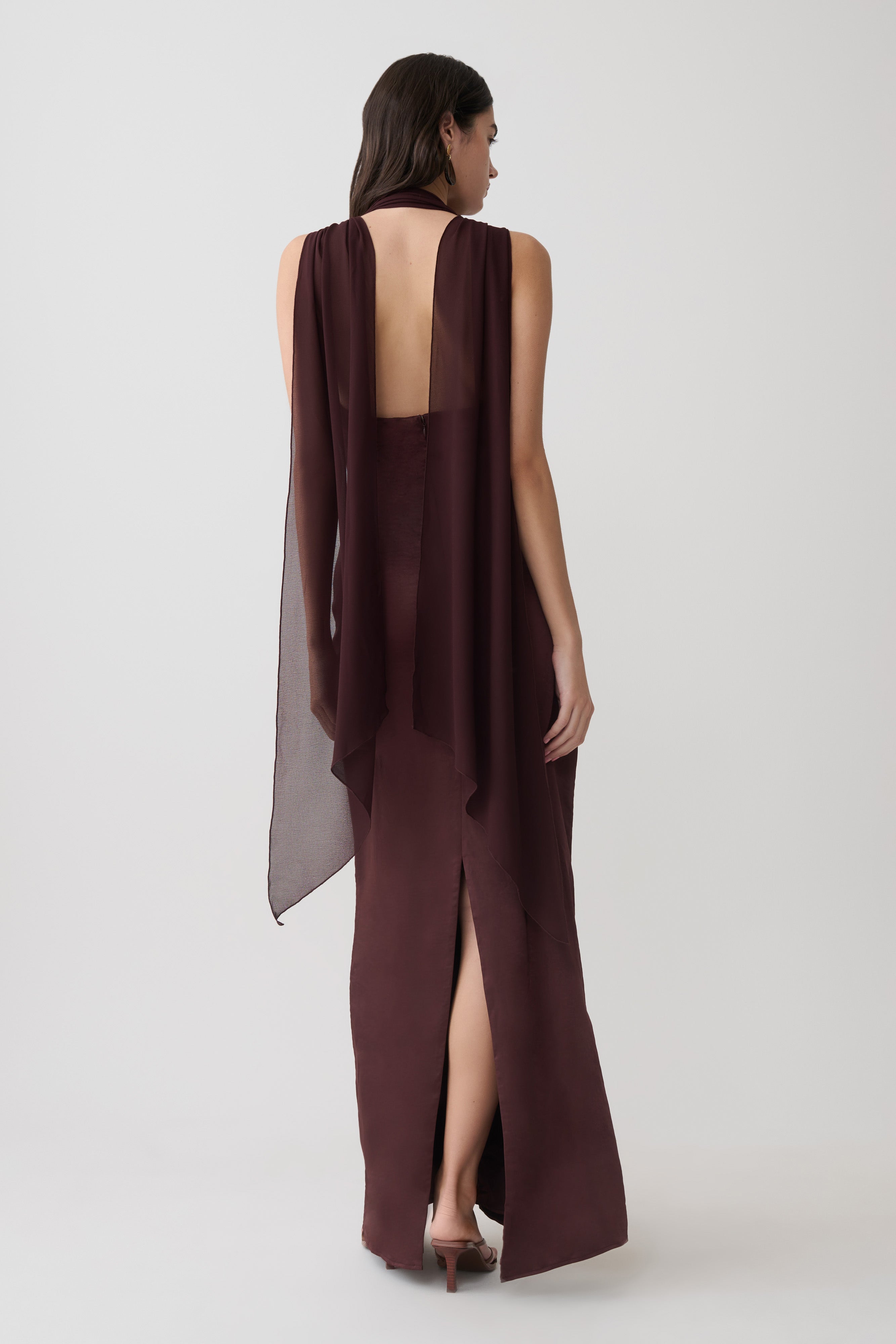 Myla Draped Shoulders Satin Maxi Dress - Chocolate