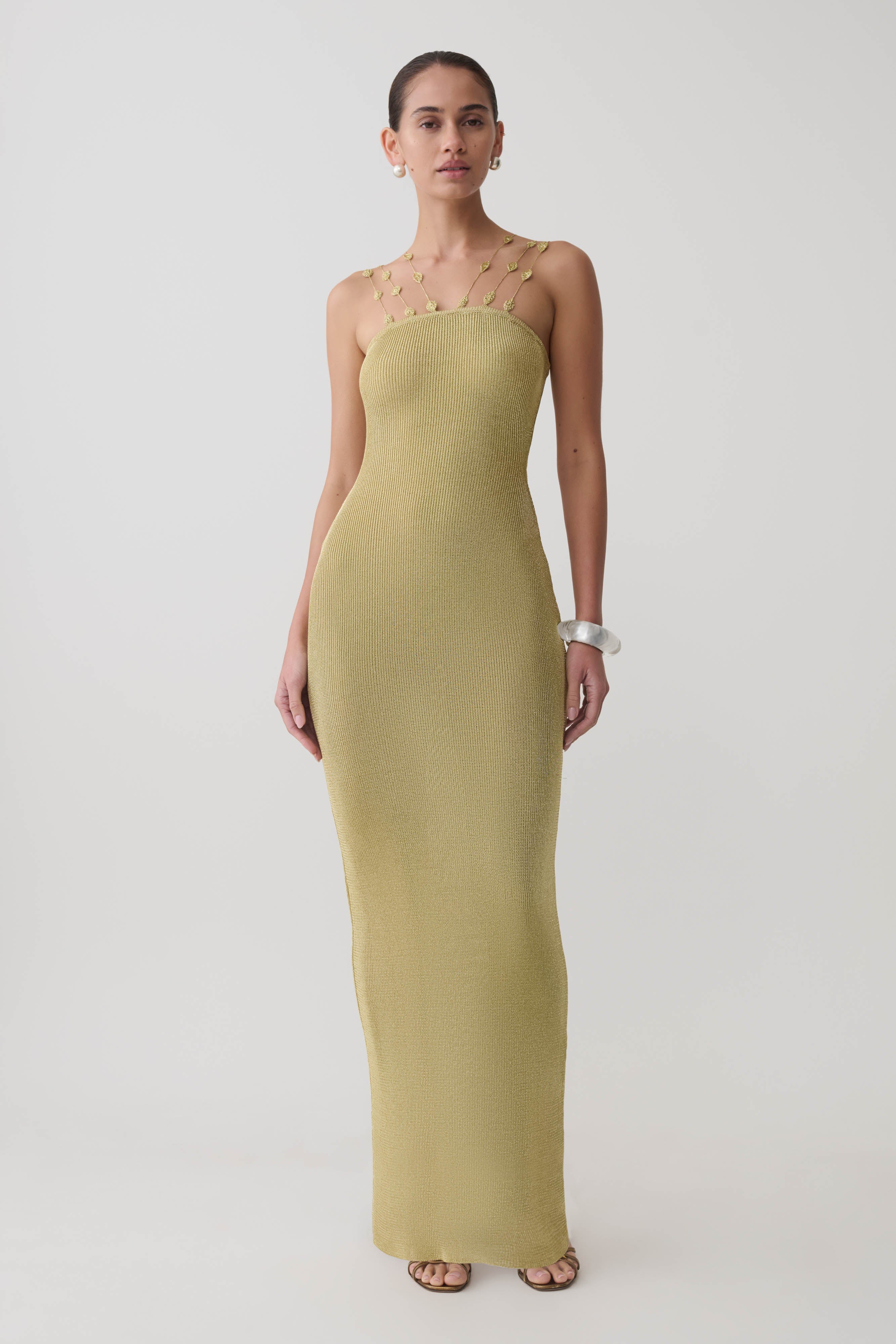 Shami Lurex Maxi Dress With Flowers - Gold