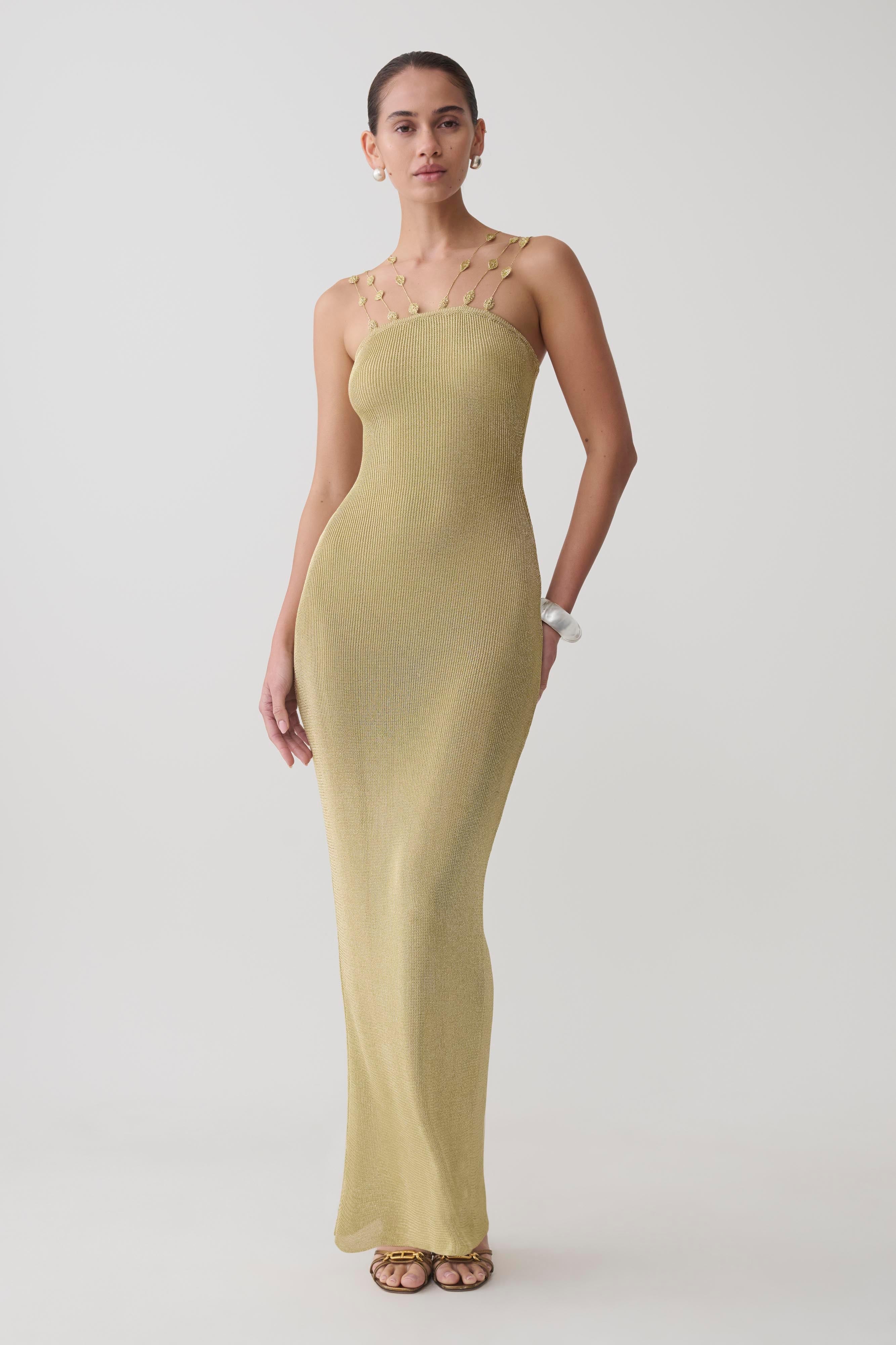 Shami Lurex Maxi Dress With Flowers - Gold