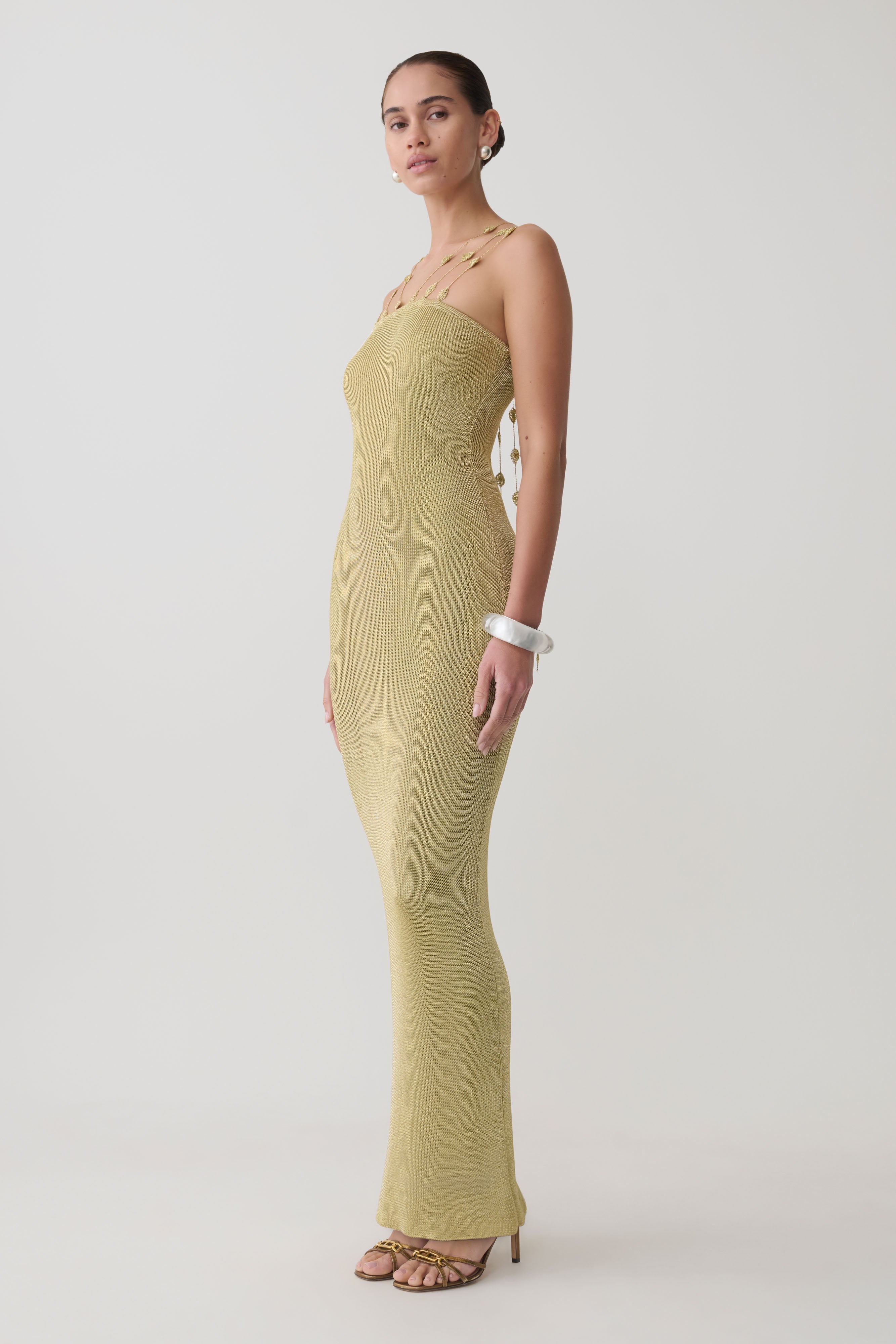 Shami Lurex Maxi Dress With Flowers - Gold